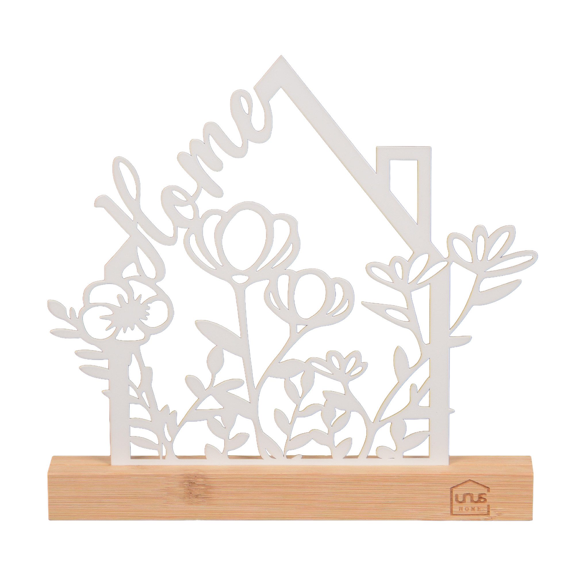 UNUS HOME Dekofigur Aufsteller "Welcome Home" mit Blumen in schwarz oder weiß (ca. 23,5 x 24 cm), Blumen deko, Deko fürs Wohnzimmer und Flur