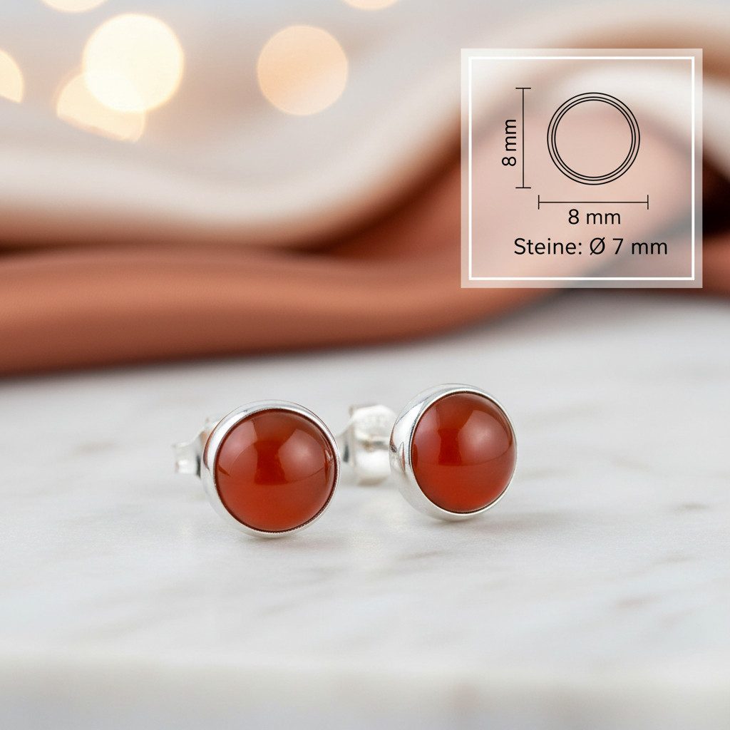 mantraroma Paar Ohrstecker SAMA rund medium aus 925 Silber mit Karneol (Paar, Paar Ohrringe mit Schmuckbeutel), 925 Sterling Silber Ohrringe für Damen