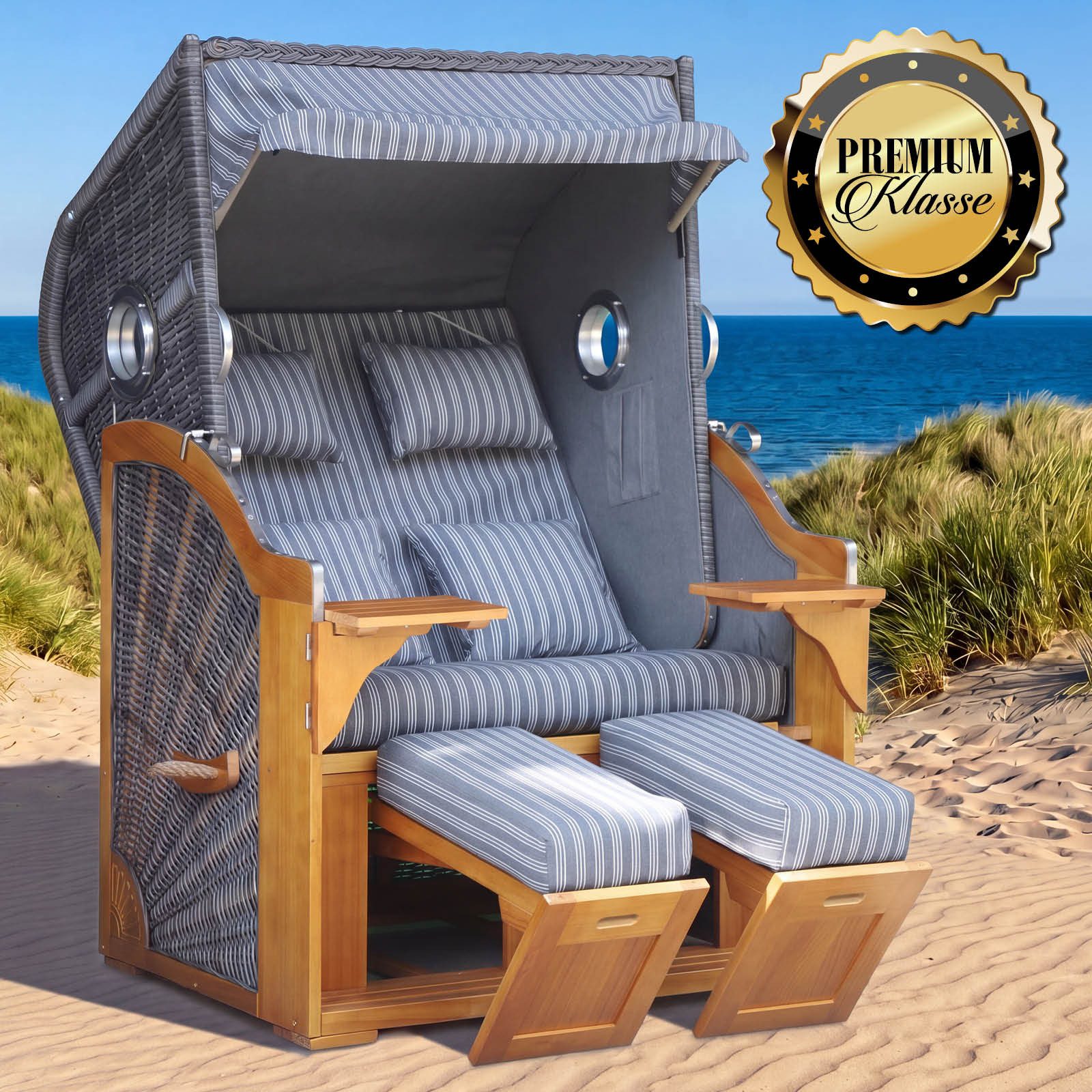 BRAST Strandkorb BRAST Strandkorb Ocean View Prestige, 123cm Breite, 3 Designs, Volllieger, (Pinien Vollholz, UV-beständig), inkl. Premium-Schutzhaube