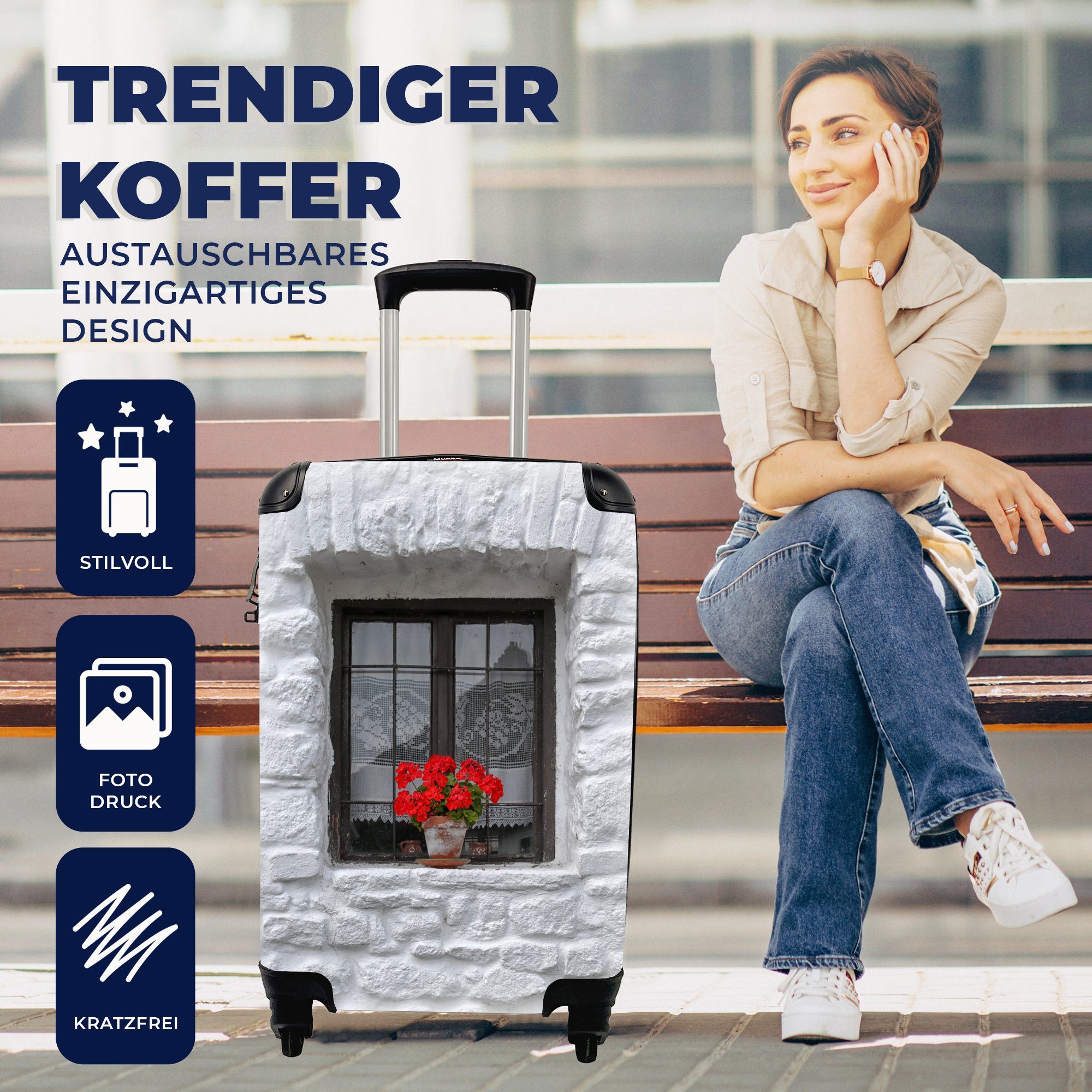 Trolley, mit Handgepäckkoffer Handgepäck Reisekoffer Geranien, rollen, für Ferien, mit Fensterbank Reisetasche MuchoWow Rollen, 4