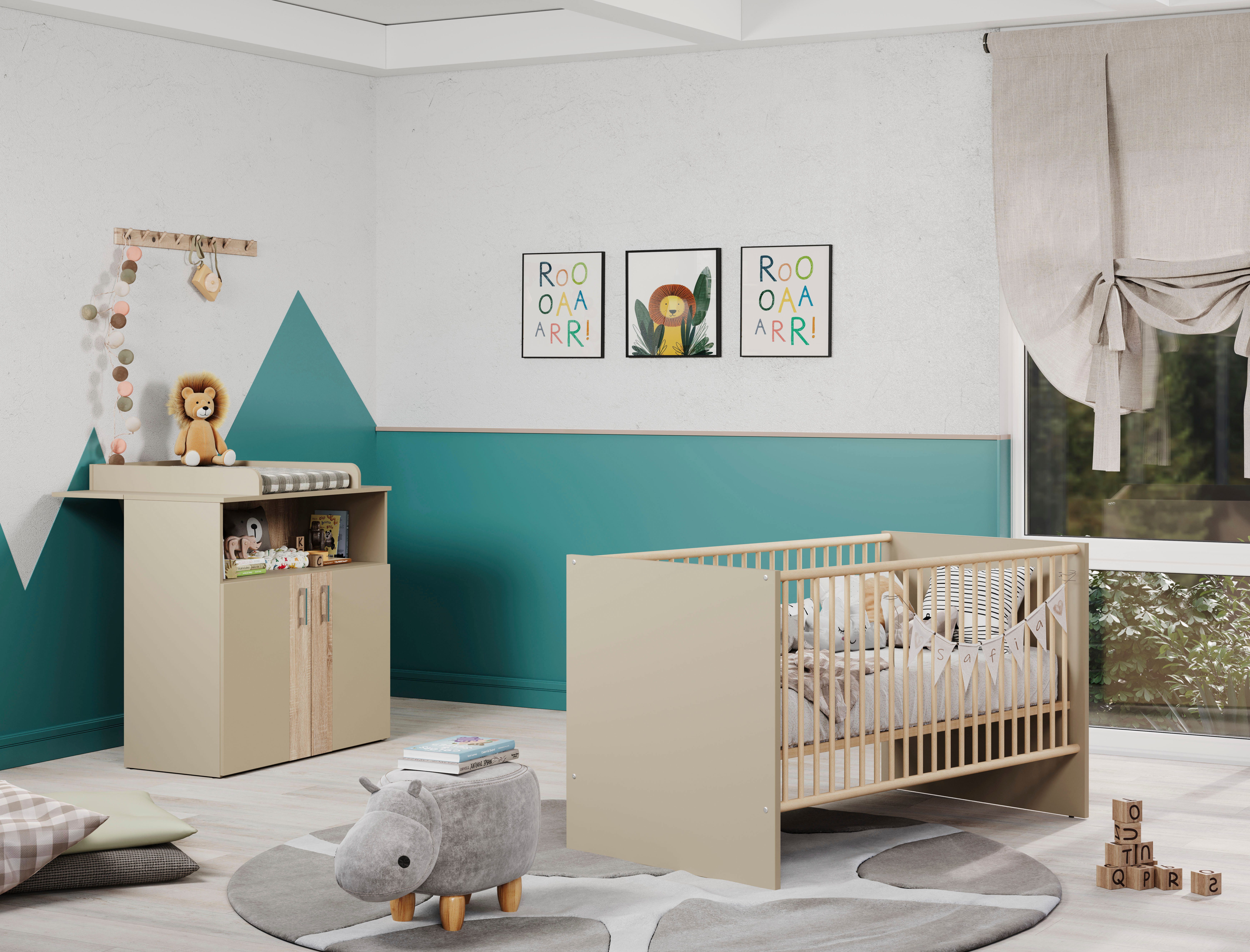 trendteam Babymöbel-Set Beja, (Set, 2-tlg), Babyzimmermöbel: Kinderbett und Wickelkommode - silberfarbene Griffe