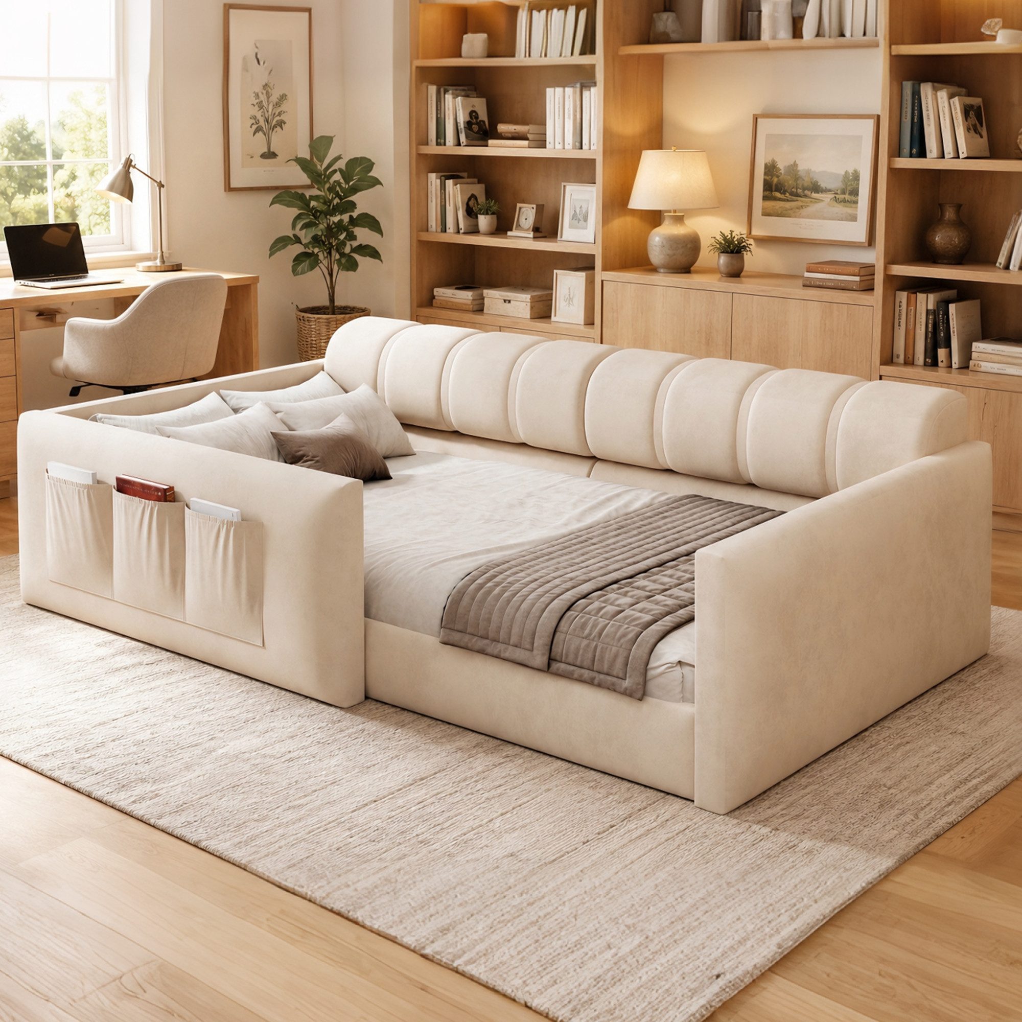 Merax Daybett 90×200cm mit seitlichen Aufbewahrungstaschen,Polsterbett mit 12 Latten (Schlafsofa Bodenbett Sofabett, 1 tlg), Kinderbett mit dickem gepolstertem Kopfteil, Jugendbett Samt Tagesbett