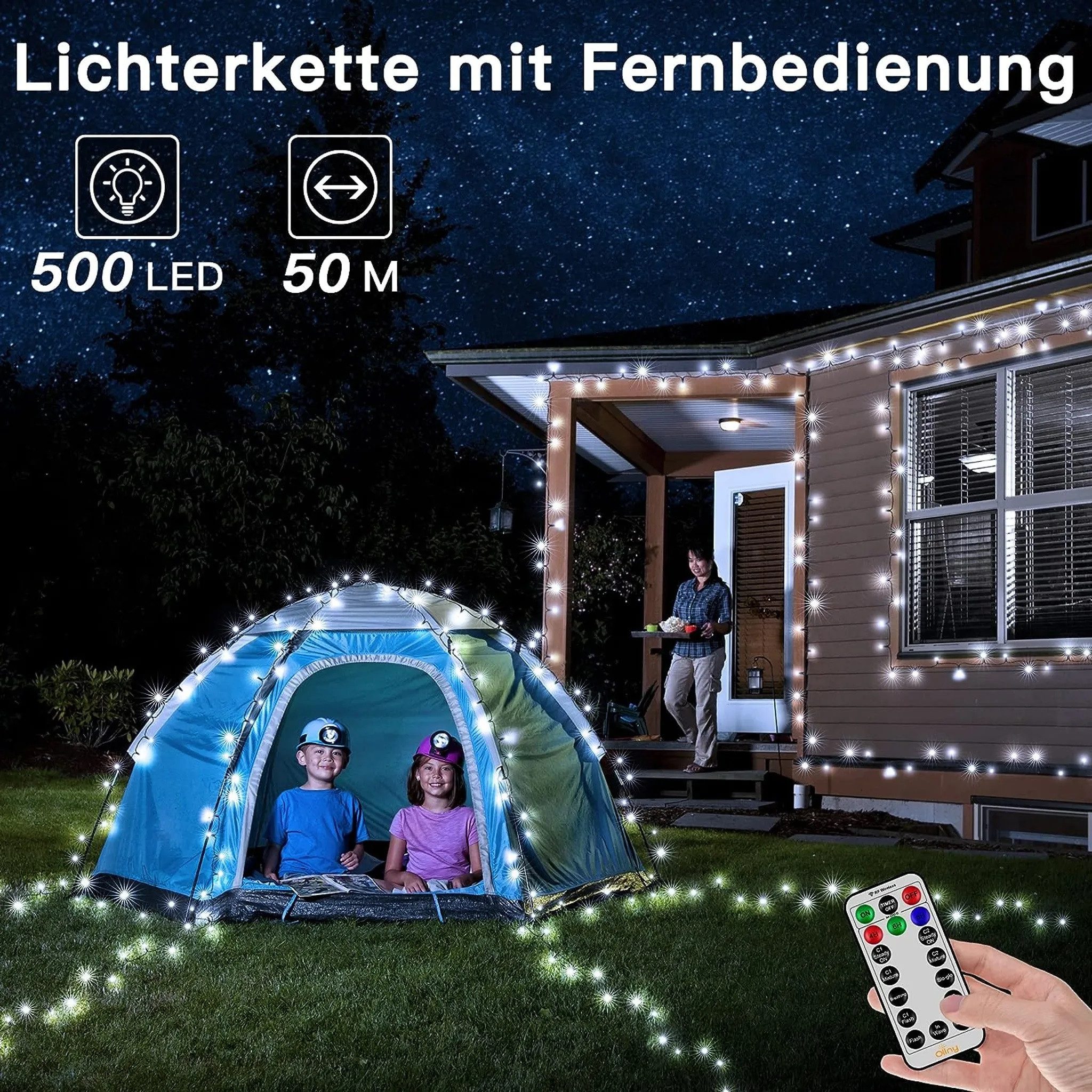 Ollny LED-Lichterkette, 500-flammig, 8 Modi mit IP44 Schutzklasse für Innen- und Außeneinsatz