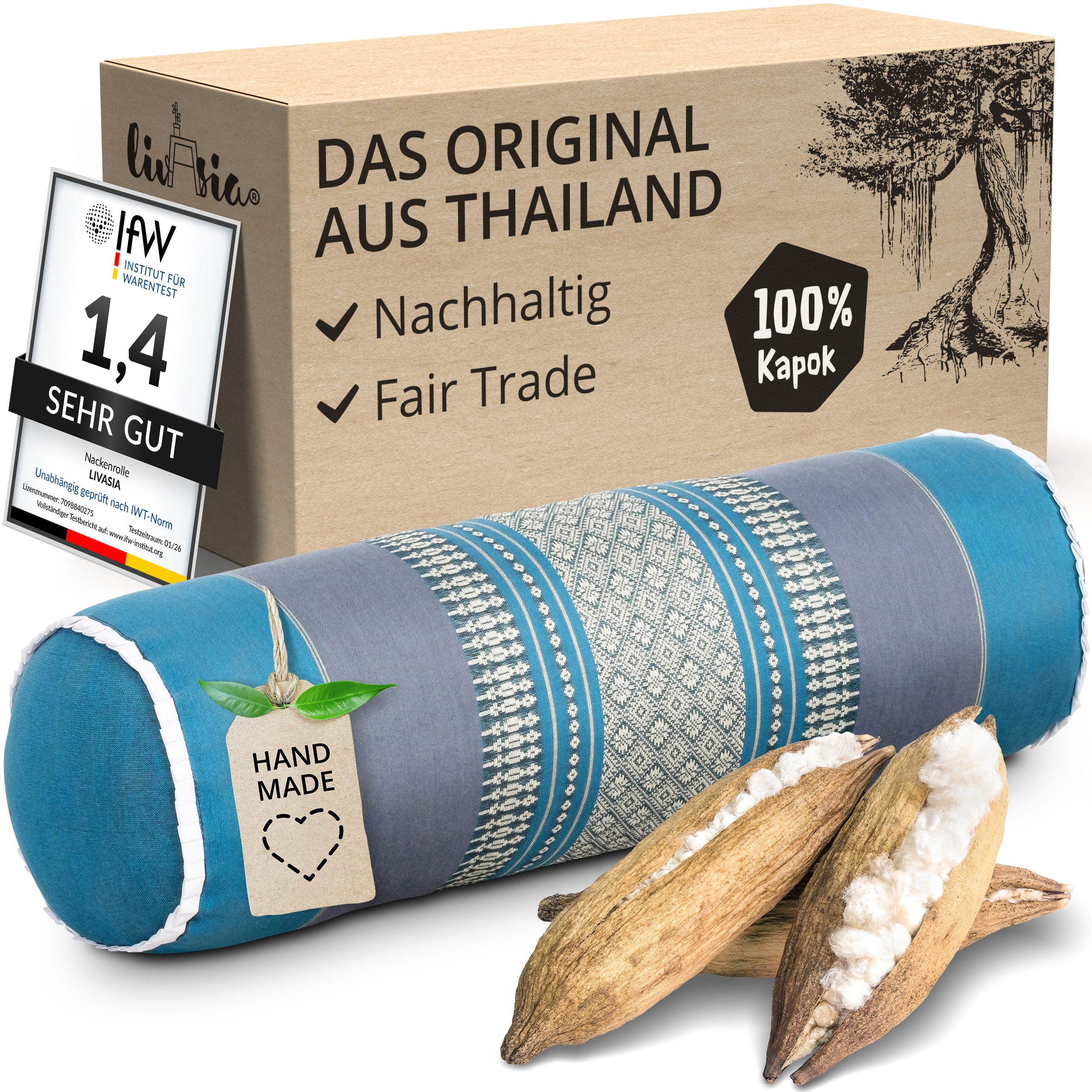 livasia Nackenrolle Nackenrolle, vegan und handgefertigt, Ø 17x56cm, Kapok