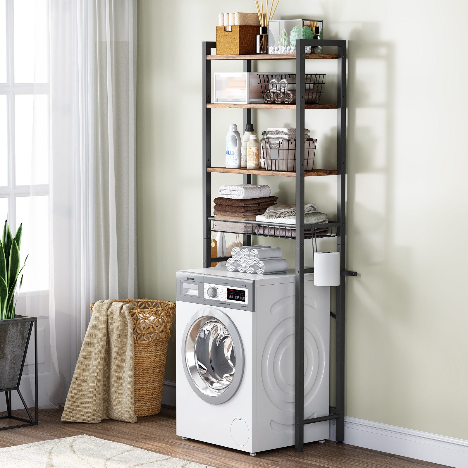 Kalrin Badregal Blumenständer Regal Über der Toilette mit Aufbewahrungskörben, Toilettenregal, Waschmaschinenregal für Geräte bis 56 cm Breite,173 x 56 x 24cm