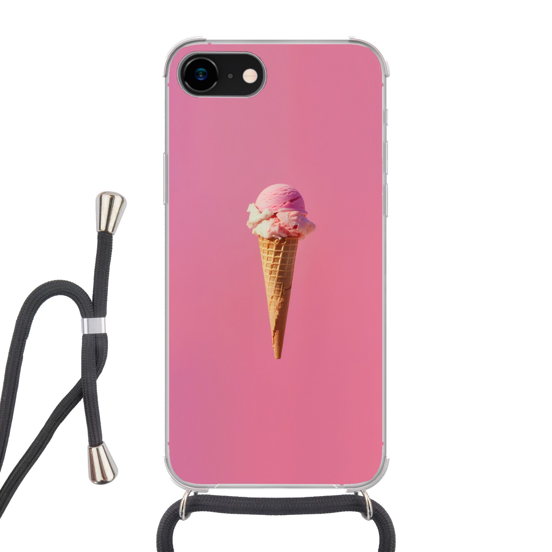MuchoWow Handyhülle für Apple iPhone 8 Horn - Schaufel Eiscreme - Rosa, Tragbare Handyhüllen mit Kette zum umhängen, Handykette Handyband