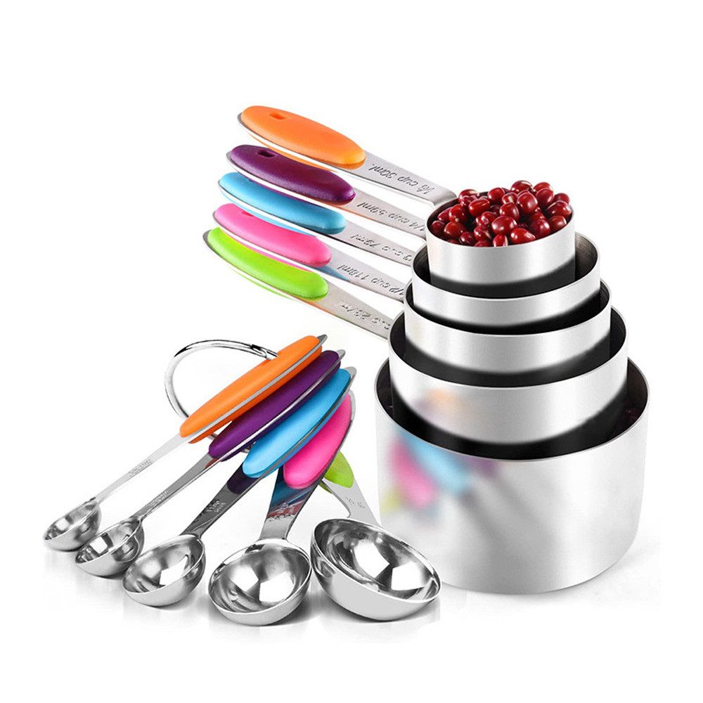 BlingBin Messlöffel Messbecher und Messlöffel, 10 Stück Edelstahl Messbecher Set, Edelstähle, (10er Set, 10-St., 10 Stück), 5 Messbecher & 5 Messlöffel für Trockene und Flüssige Zutaten