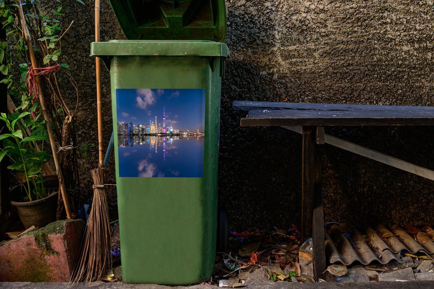 Mülleimer-aufkleber, - - Wandsticker St), Abend Sticker, Container, Mülltonne, (1 Abfalbehälter MuchoWow Skyline Shanghai
