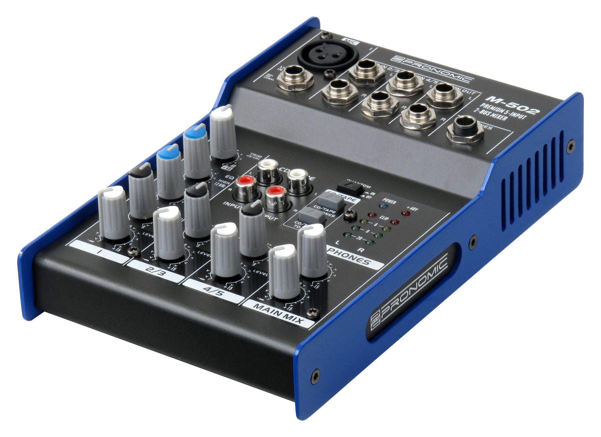 Pronomic Mischpult M-502 5-Kanal-Mischpult, mit 1 Mono-Kanäle XLR/Klinke, 2-Stereo Kanäle, 3-Band-EQ