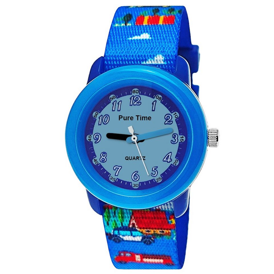 Pure Time Quarzuhr Autos Cars Kinder Textil Armbanduhr, Kinderuhr in blau,  rot & schwarz