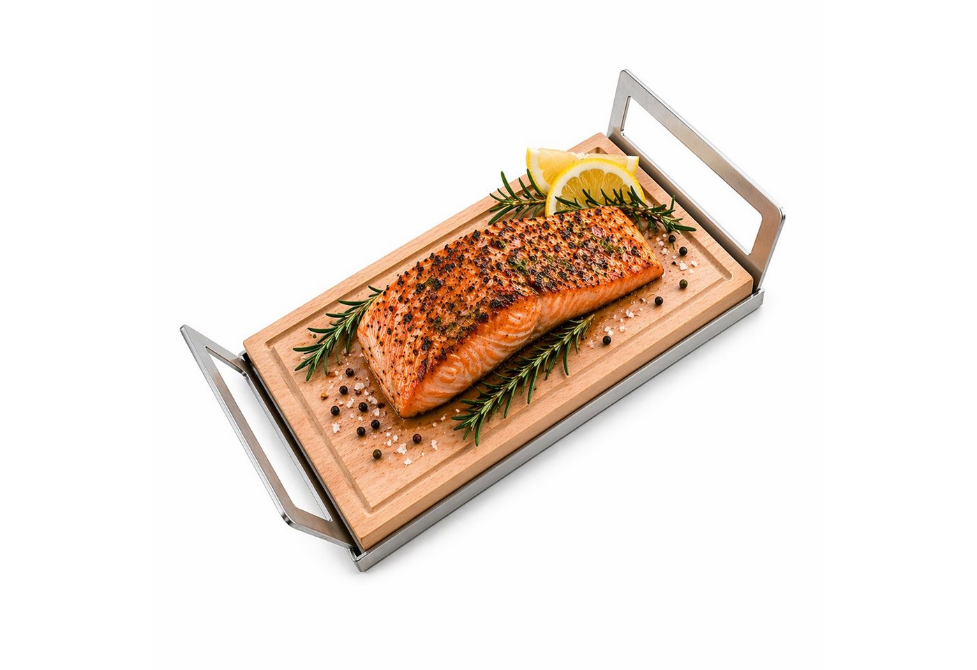 Schilling Fischgrilltechnik Grillguthalter Griffschale mit Grillbrett Buche kompakt für Fischfilet, Edelstahl & Buche, (Komplettset, Griffschale aus Edelstahl mit Grillbrett aus Buche + Anleitung), Grillbrett aus deutscher Buche. Edelstahl Laserschnitt-Grillschale