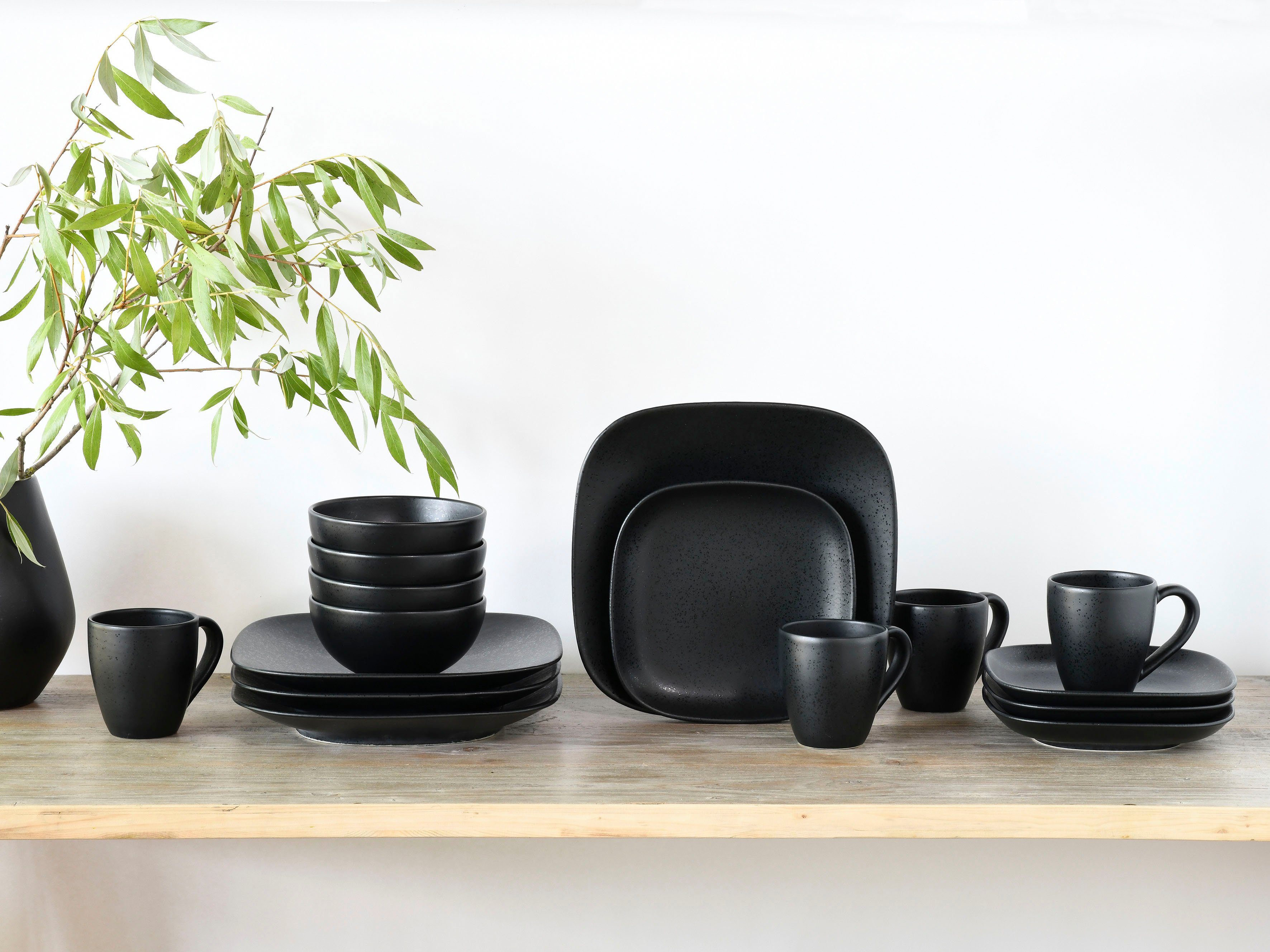 CreaTable Kombiservice Magic Black Square (16-tlg), 4 Personen, Steinzeug, Spezialglasur mit glänzenden Sprenkeln