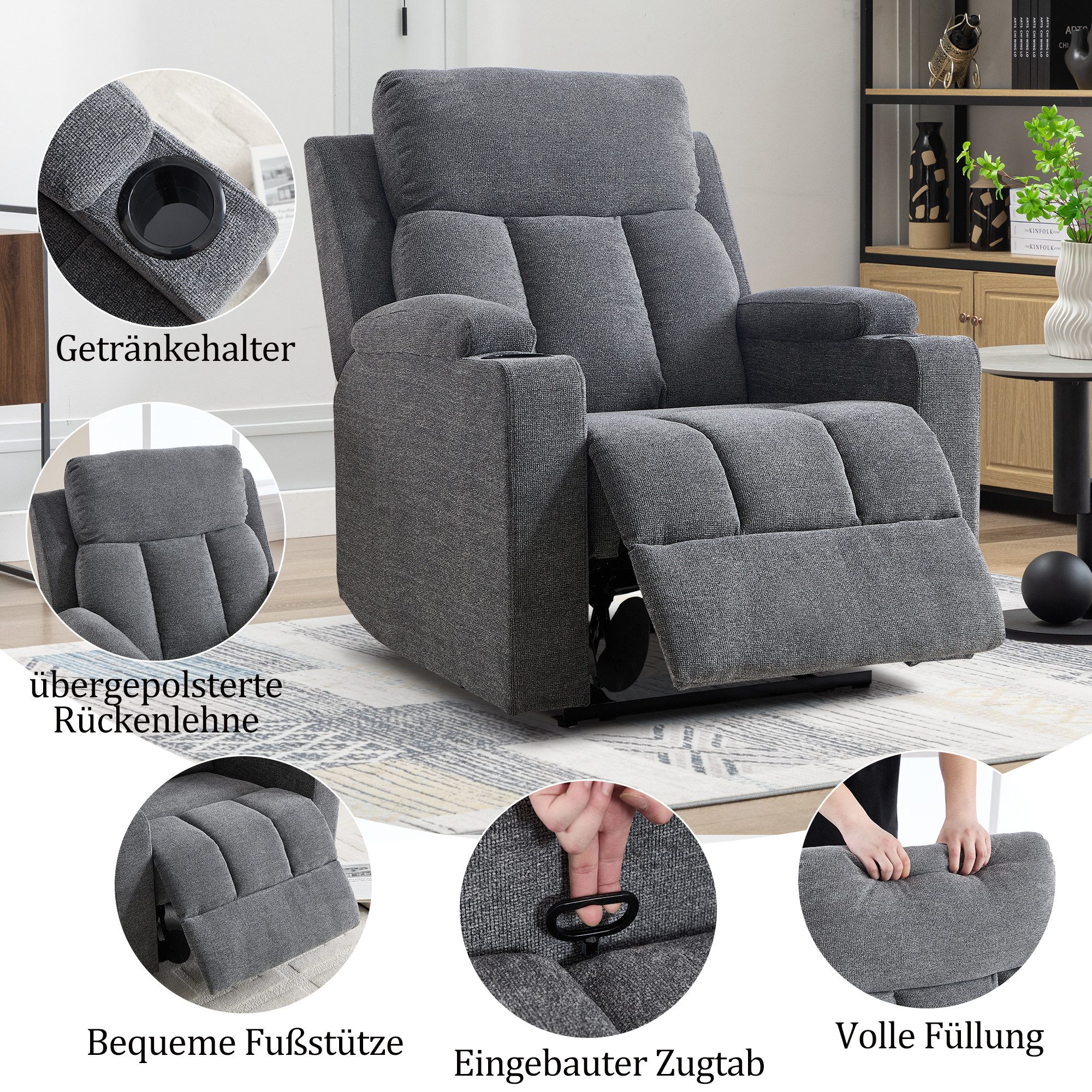 CANMOV Relaxsessel Canmov Fernsehsessel mit Liegefunktion,TV Sessel, Ruhesessel (1-St), Manueller Relaxsessel mit Verstellbarer Rückenlehne und Fußstütze
