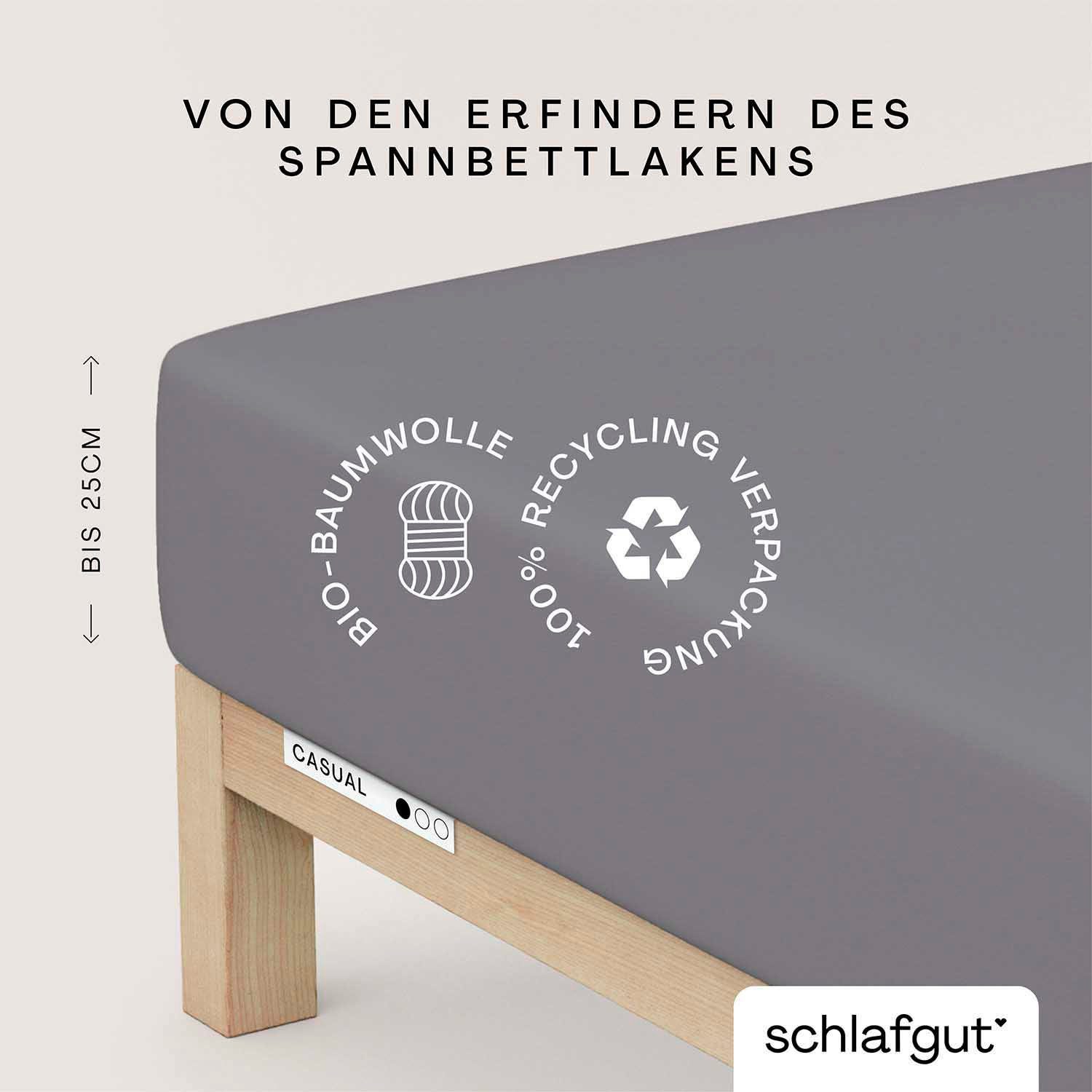 Schlafgut Spannbettlaken CASUAL Bettlaken 100% gekämmte Bio-Baumwolle, 150 g/m², Spannbetttuch, Jersey, Gummizug: rundum, (1 Stück), Bettlaken bis 25 cm Höhe, langlebig, weich, Antipilling-Ausrüstung