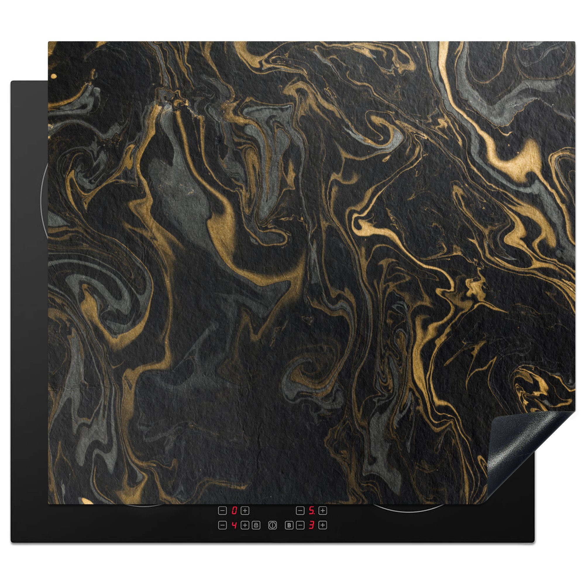 MuchoWow Herdblende-/Abdeckplatte Marmor - Textur - Grau - Gold - Marmoroptik - Luxus, Vinyl, (1 tlg), 57x51 cm, Induktionsschutz, Induktionskochfeld, Ceranfeldabdeckung