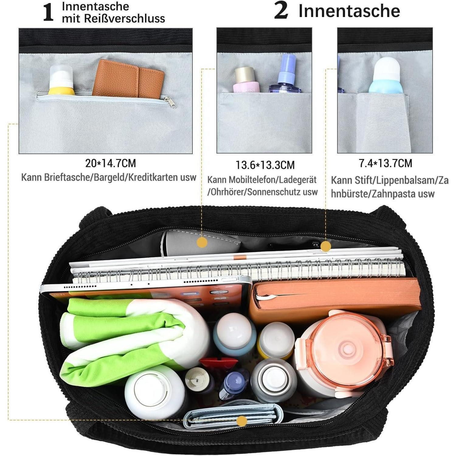 LuxusKollektion Tragetasche Damen Tote Bag Shopper Cord Handtasche Reißverschluss Umhängetasche