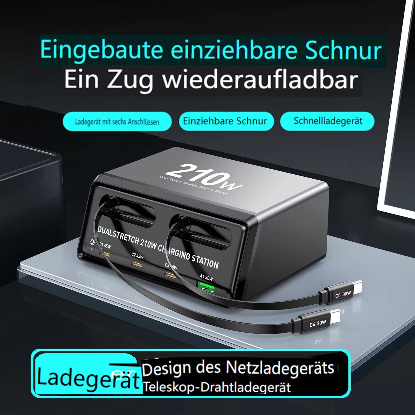 Insma 210W GaN 6-in-1 Desktop Ladestation Schnellladegerät mit 2x USB Kabel, USB-Ladegerät (6 Ports(3x USB-C+3x USB-A) für iPhone17/16/15 für Huawei für VIVO)