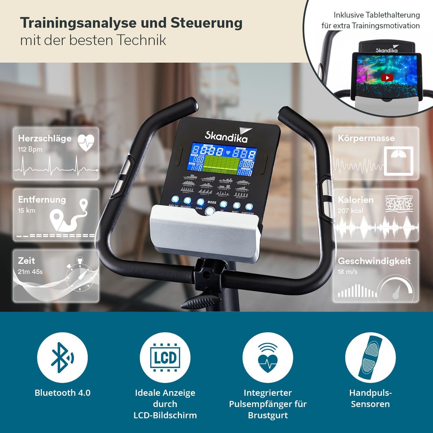 Skandika Heimtrainer Cardio Bike Atlantis mit Matte 32 Stufen gerauscharm Transportrollen bis 150 kg