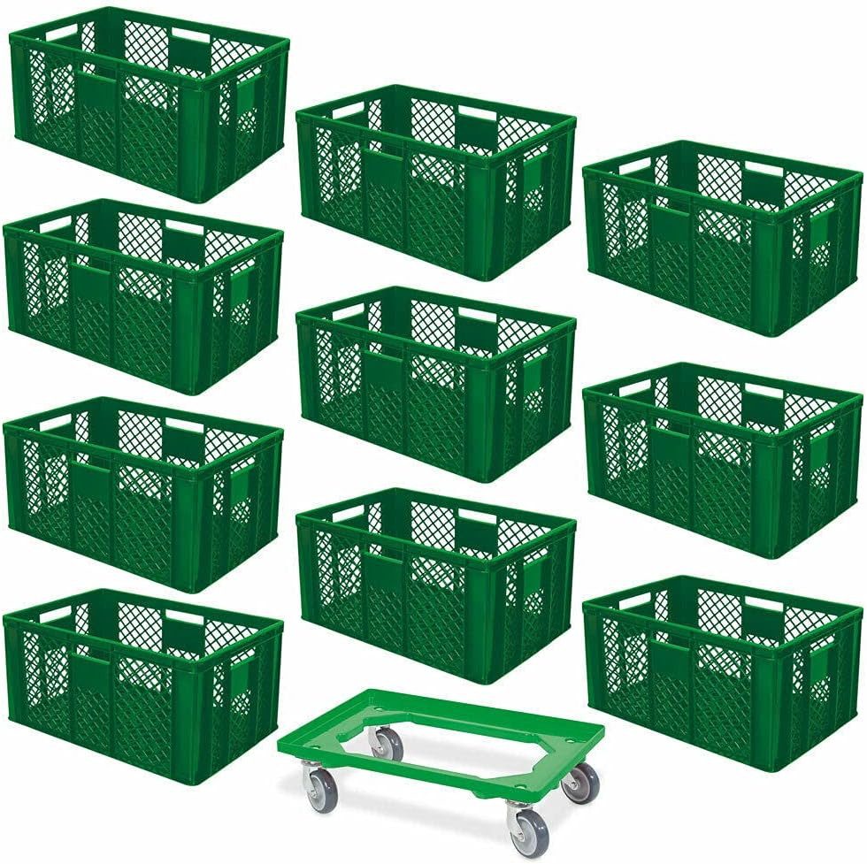 BRB-Lagertechnik Stapelbox 10x Eurobehälter/Bäckerkiste, LxBxH 600x400x320 mm + Transportroller, Stoßfest, robust und formstabil