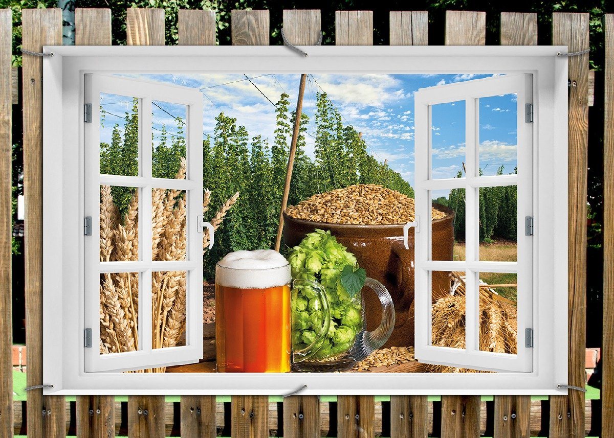 Thumbnail - Wallario Sichtschutzzaunmatten Frisch gezapftes Bier, Hopfen und Malz, mit Fenster-Illusion
