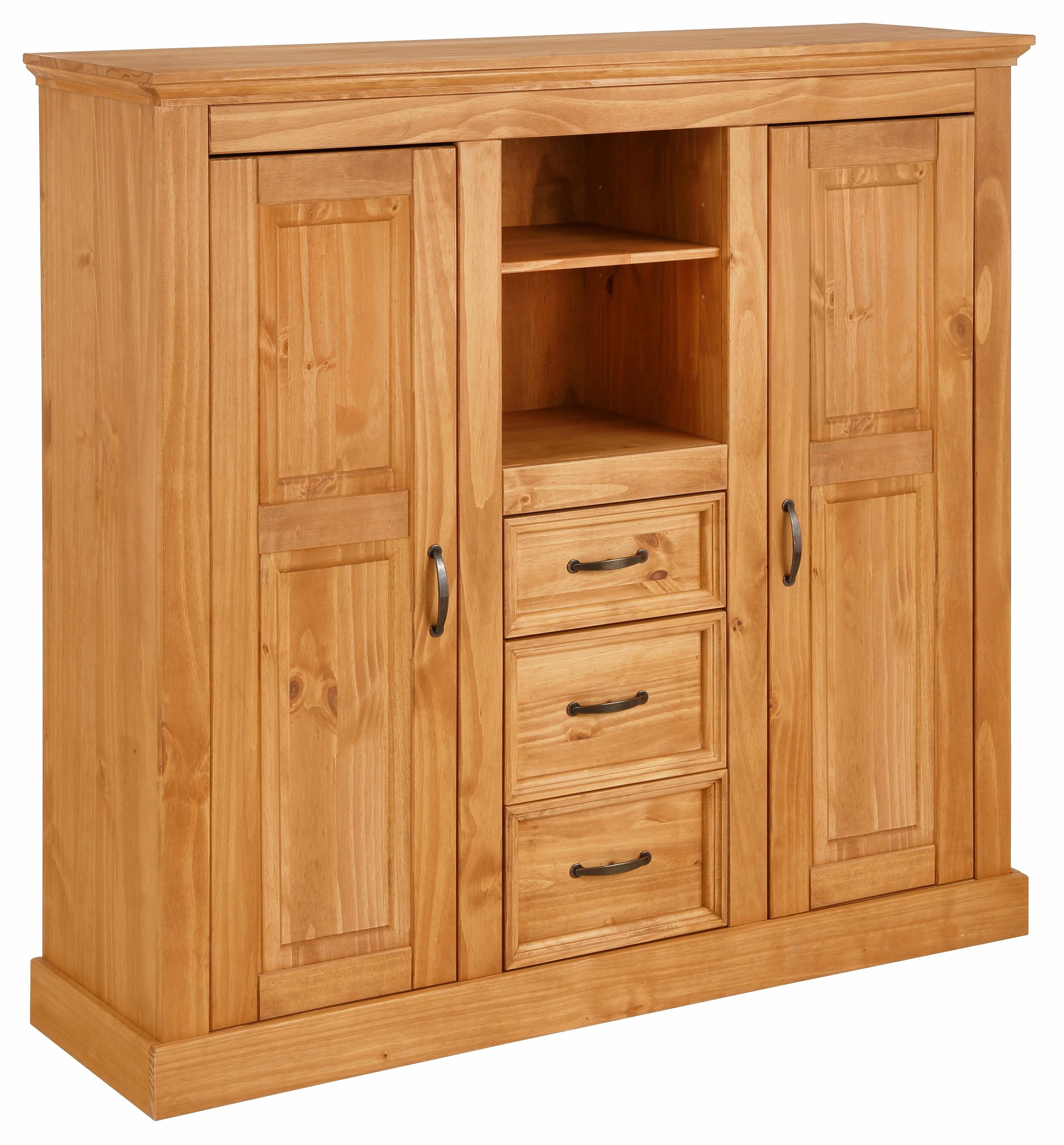 OTTO home Highboard Selma Kommode mit 2 Türen, 3 Schubläden und 8 Fächer, Metallgriffe, massives Kiefernholz, natürliche Maserung & …