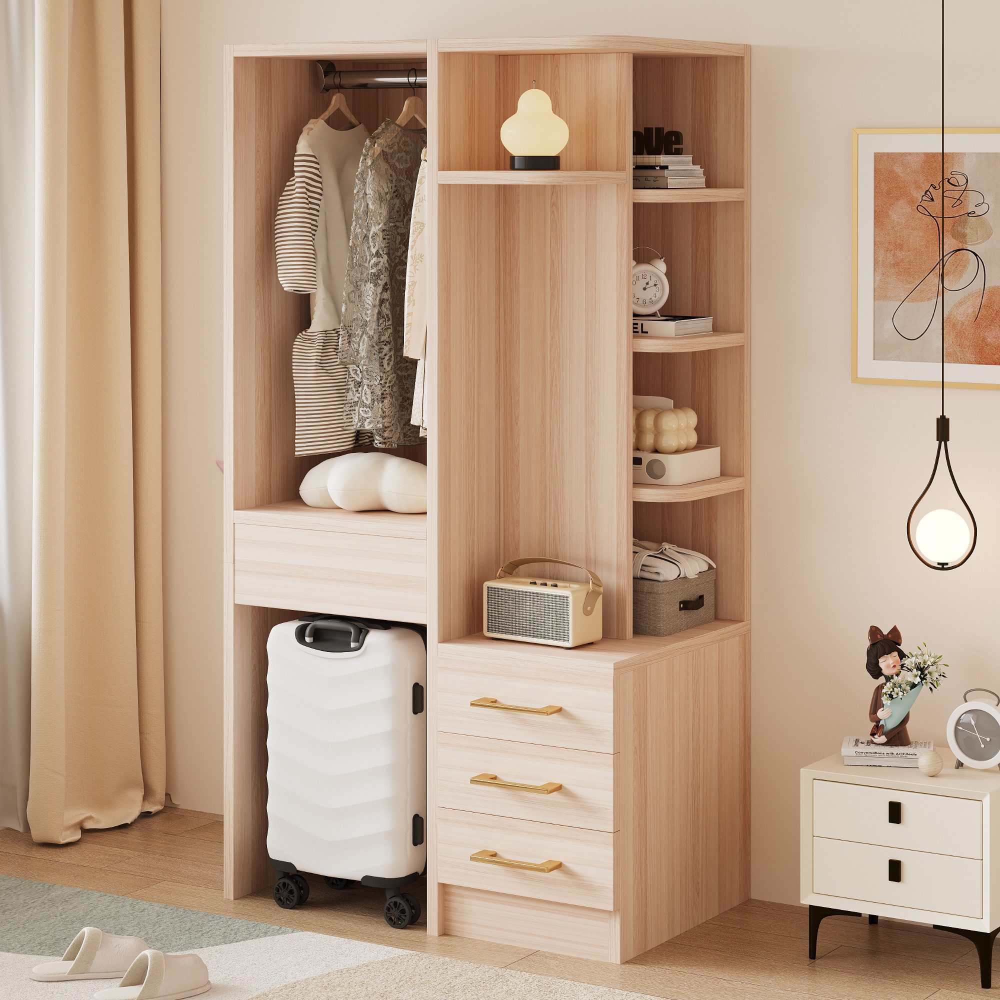 i@home Kleiderschrank Multifunktions-Kleiderschrank,Kinderkleiderschrank,Offener,70×45×135cm mehrstufige Einlegeböden,Bereich Zum Aufhängen,drei Schubladen,Natur