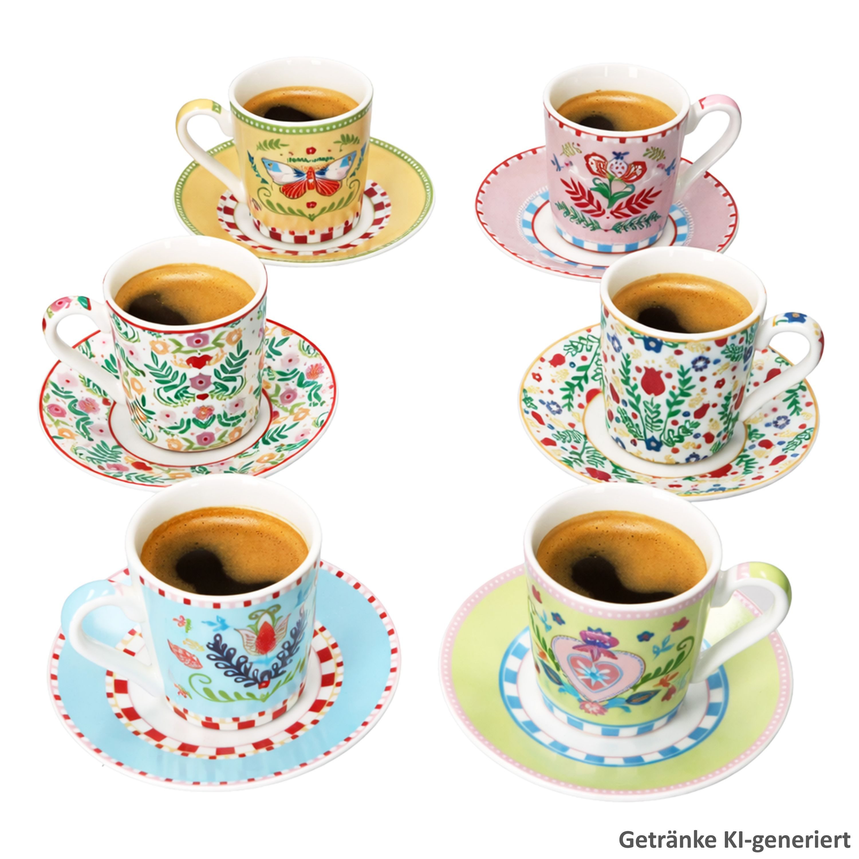 MamboCat Tasse Spring Folk 6er Set Espressotassen 80ml mit Untertassen Porzellan bunt, Porzellan