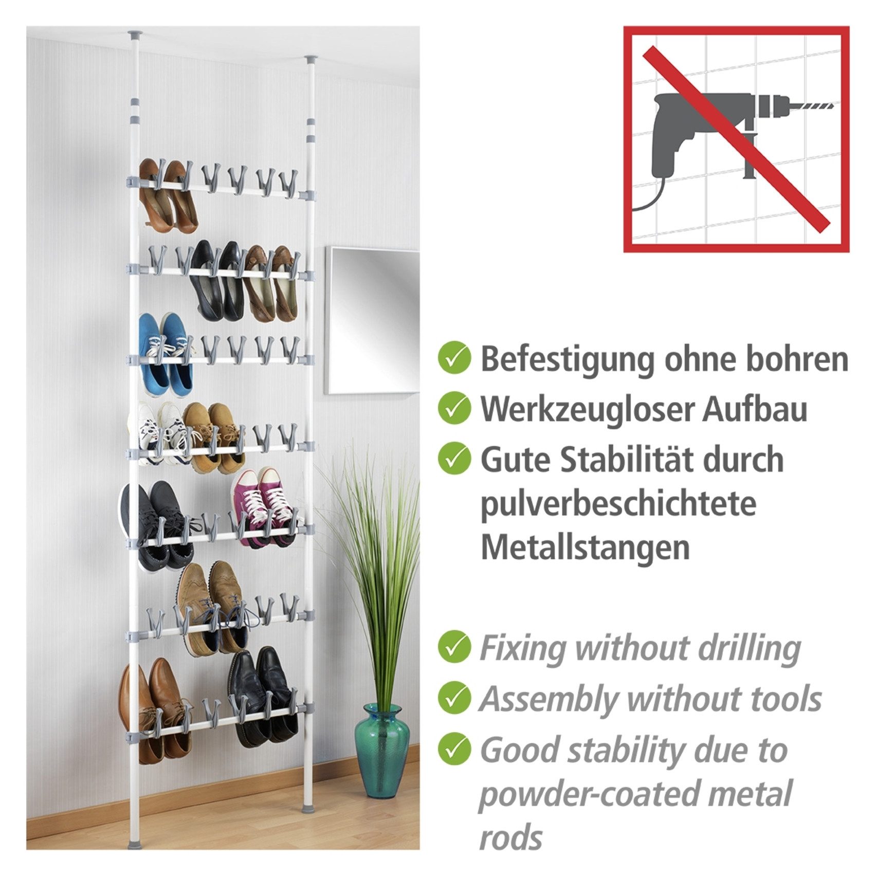 WENKO Schuhregal Modell Atlas, verstellbares Teleskopregal für 42 Paar Schuhe, Montage ohne Bohren
