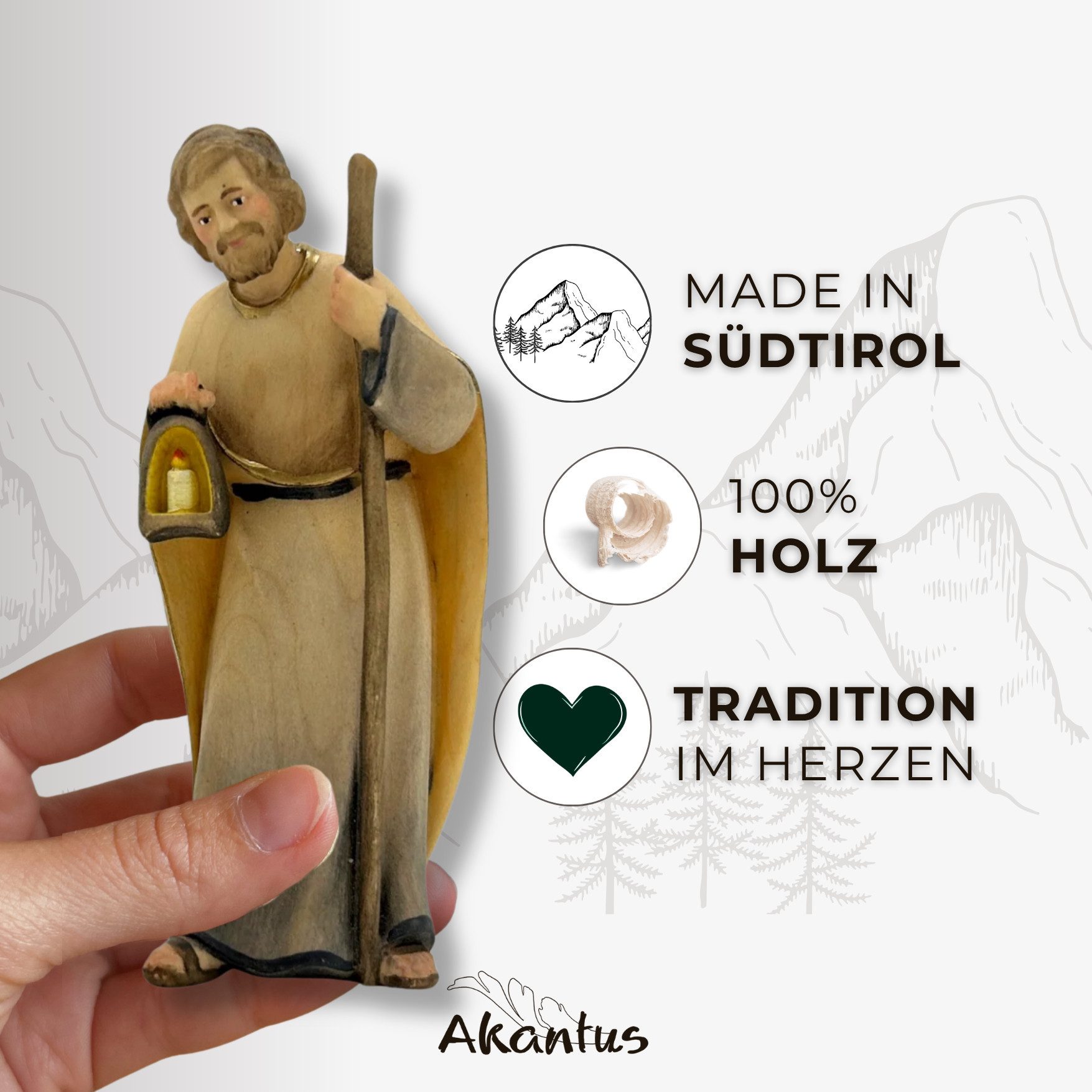 Akantus Krippe Licht Krippenfiguren aus Holz: 7-teiliges Set, Holzgeschnitzt, handbemalt