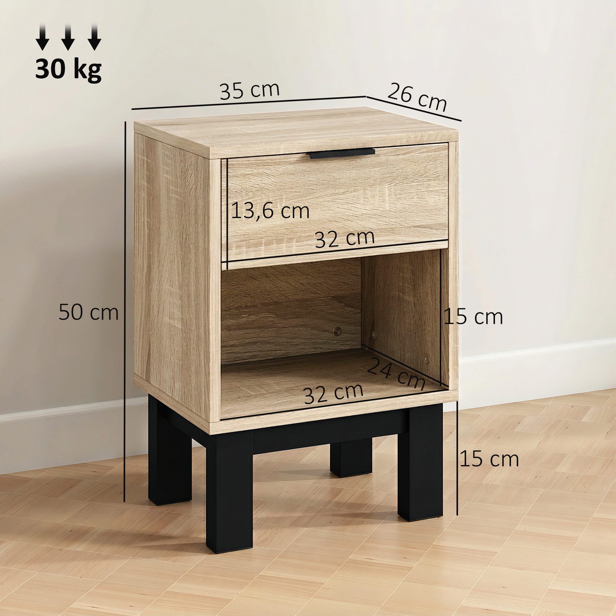 HOMCOM Nachttisch Nachttisch, Nachtschrank mit Schublade, offenes Fach, Eiche (Nachtschrank, 1-St., Nachtkommode), für Schlafzimmer, Wohnzimmer, Eiche, 35 x 26 x 50 cm