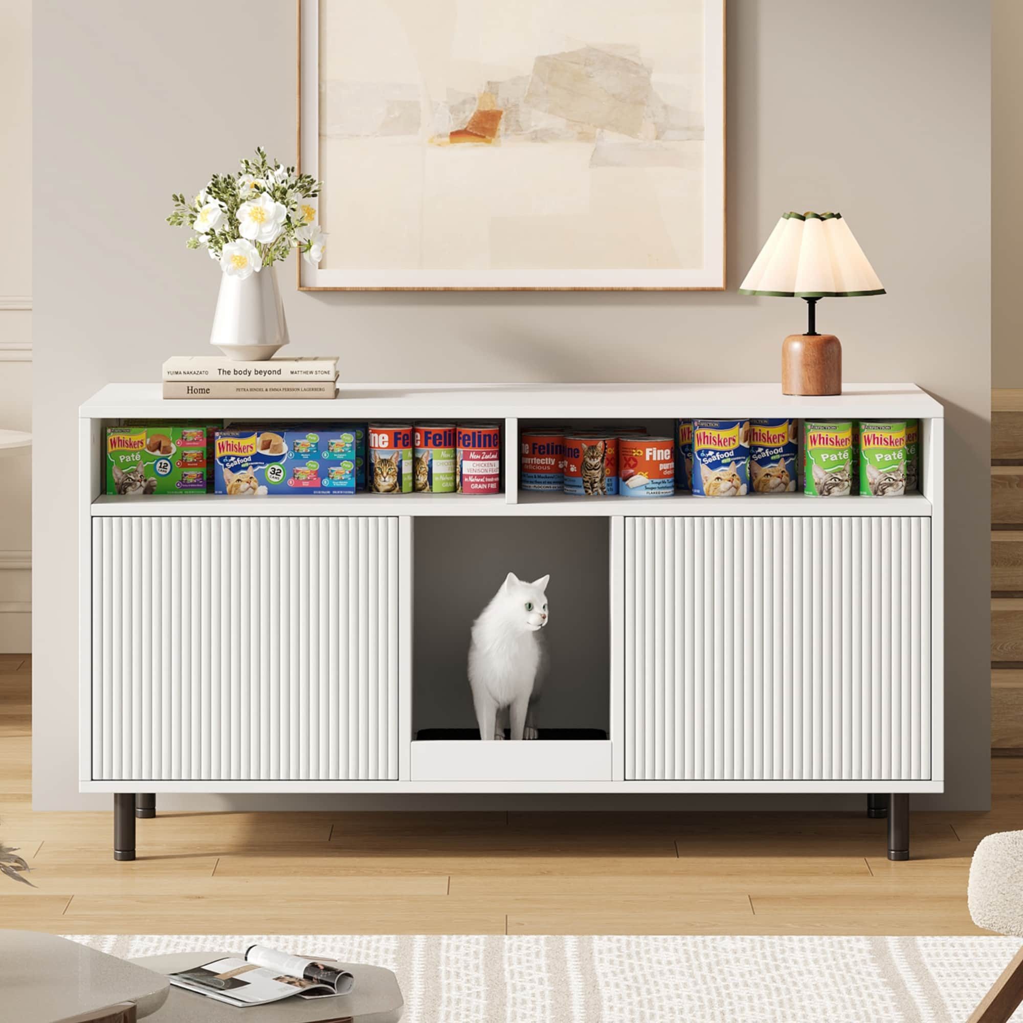 ANYSUN Tierhaus Katzenkloschrank mit Sandfangmatte und Stauraum,Katzenschrank, Katzenmöbel mit Belüftung,Ohne Katzenklo,für 2 Katzenklos