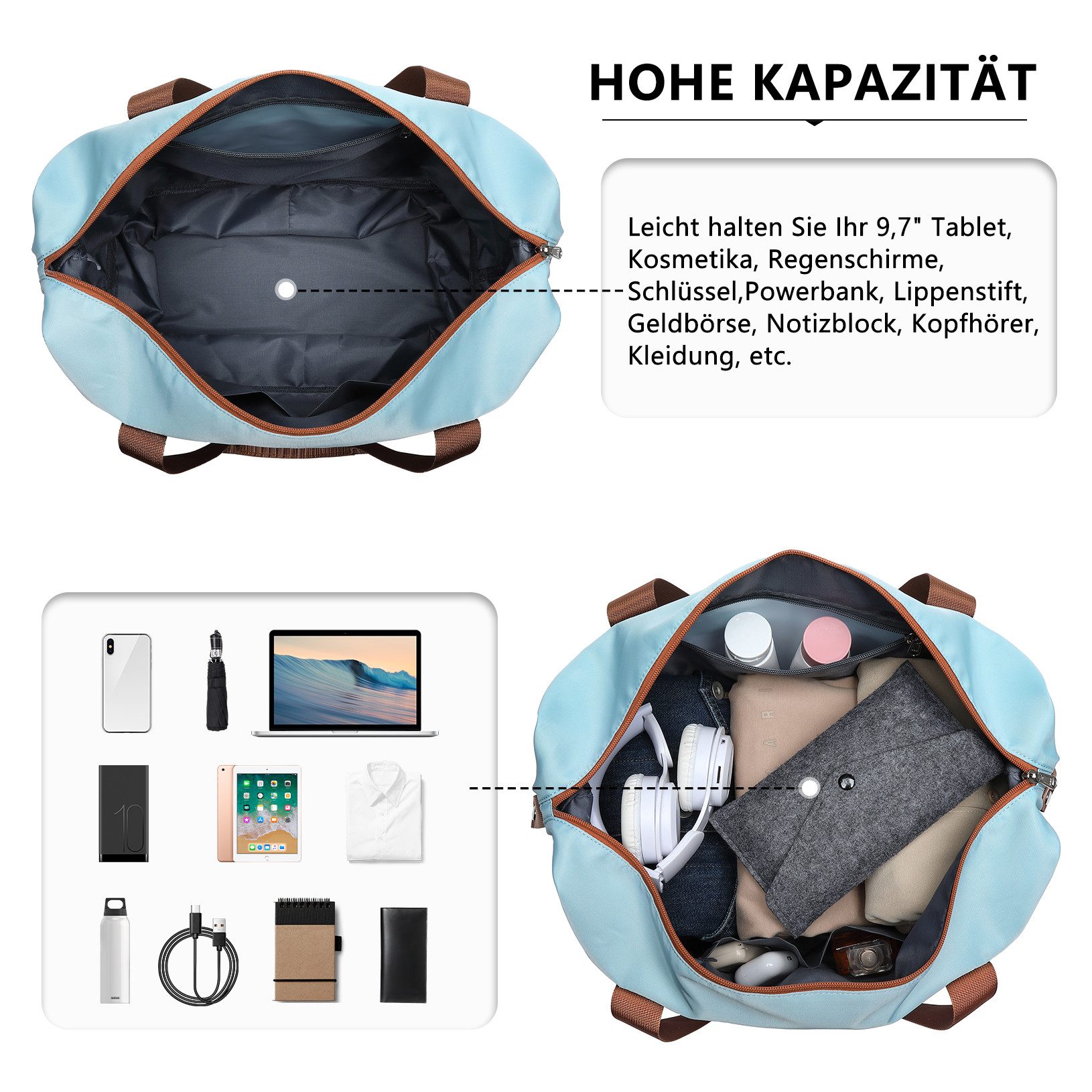 KONO Reisetasche 2-in-1 Set: Erweiterbare Handgepäck-Tasche (36L) + Kosmetiktasche, Praktisches und leichtes Design