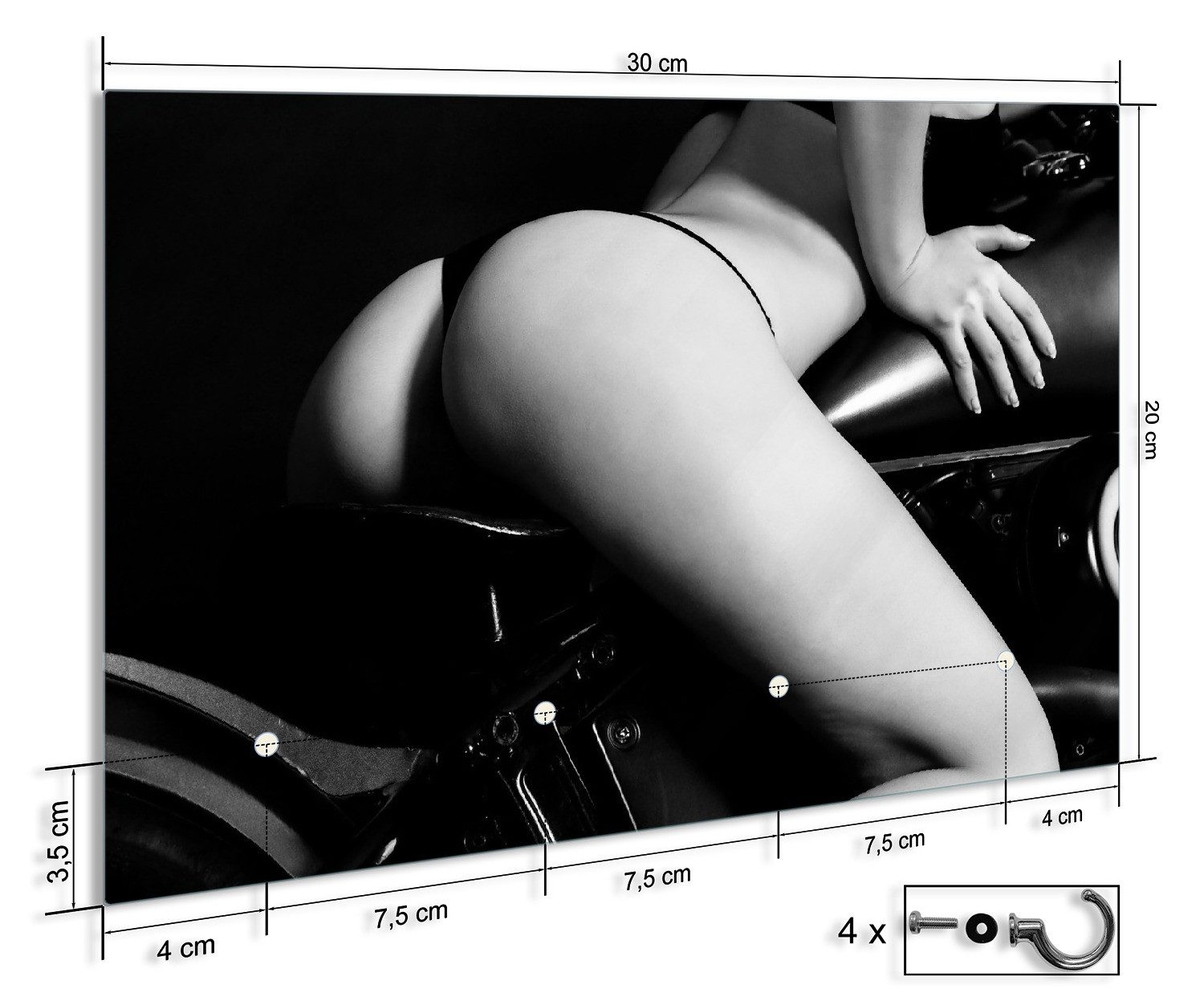 Wallario Handtuchhalter Sexy Frau auf Motorrad schwarz weiß, aus Glas mit 4 Metallhaken