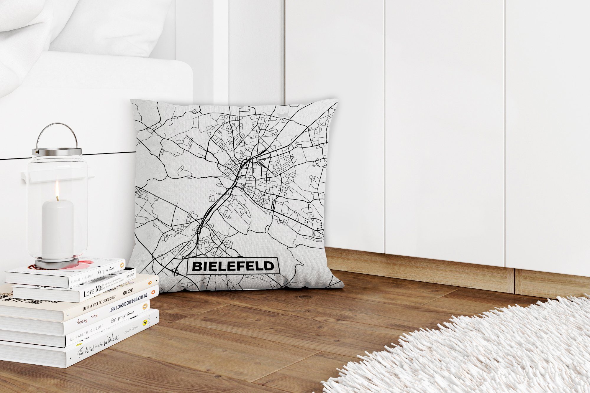 Karte Schlafzimmer, Wohzimmer, - MuchoWow Füllung Zierkissen mit Dekokissen Sofakissen für Stadtplan, Bielefeld Deko, -