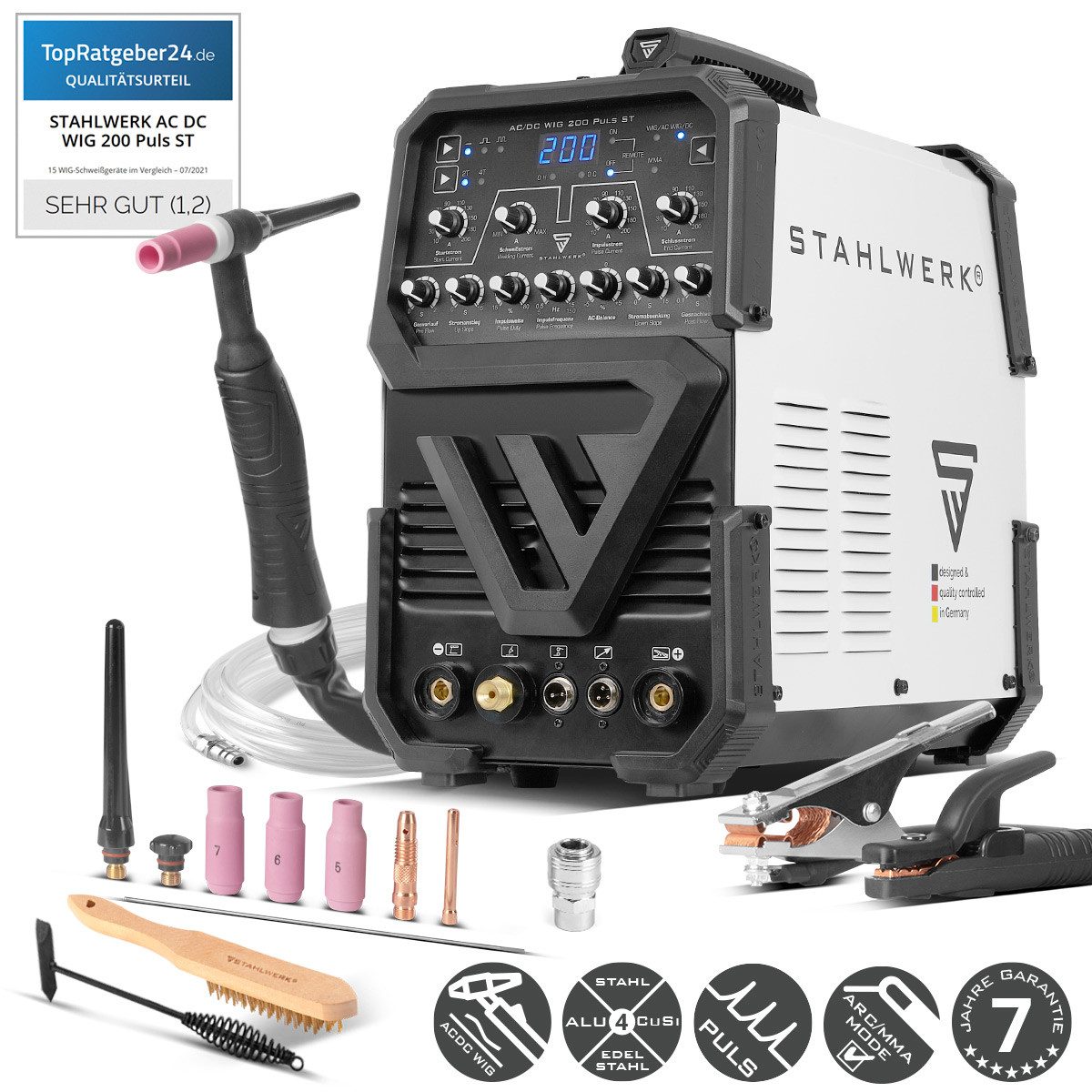 STAHLWERK Inverterschweißgerät AC/DC WIG 200 Puls ST WIG-Schweißgerät 200 Ampere mit Alu-Funktion, 10 - 200 A, Packung}, 7-tlg., Einzelgerät, Kombi Schweißgerät mit 200 Ampere