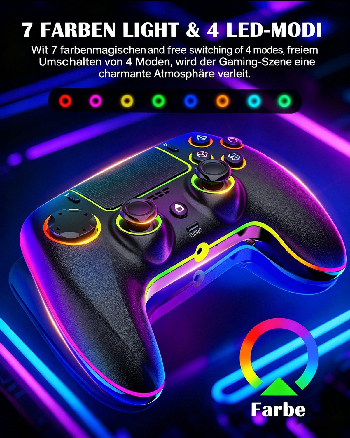 ibettertec Wireless Controller für PS4/PC, Gamepad mit 7 Farben RGB Beleuchtung Controller (Dual Vibration/Turbo/Touchpad/Kopfhörerbuchse/1000 mAh Akku)