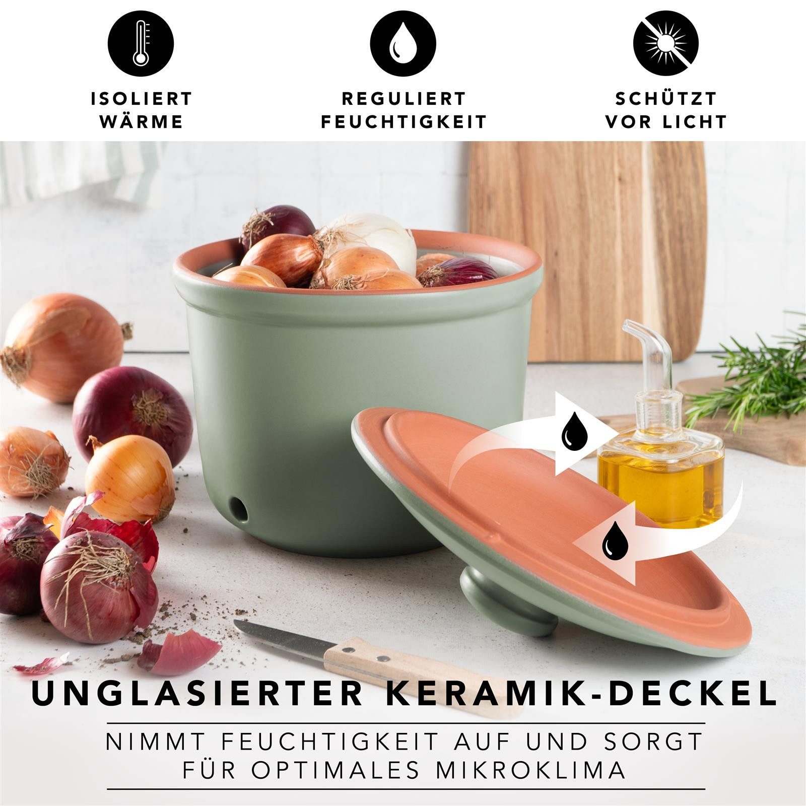 RÖMERTOPF Vorratsdose Frische-Topf MAXI - Zwiebeln Aufbewahrung 2,8 Liter Grün, Keramik, (Set), aus Naturton