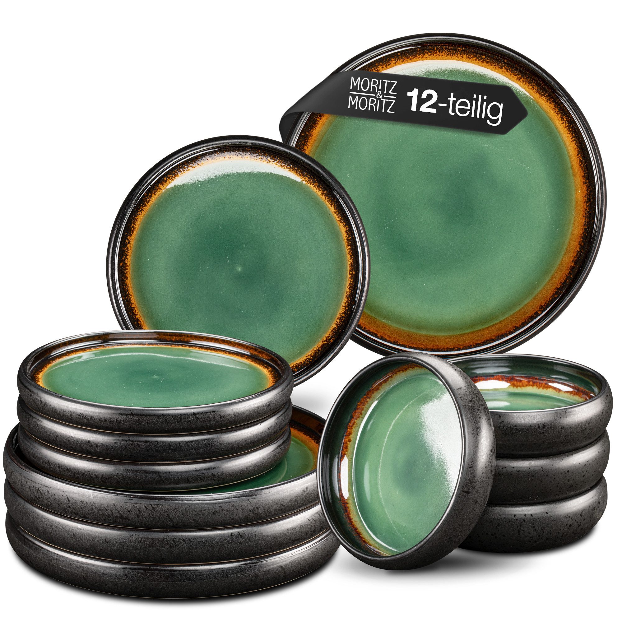 Moritz & Moritz Комбинированное обслуживание SOLID 12tlg Geschirrset Grün/Braun (12-tlg), 4 Personen, Steinzeug, Kombigeschirr für 4 Personen
