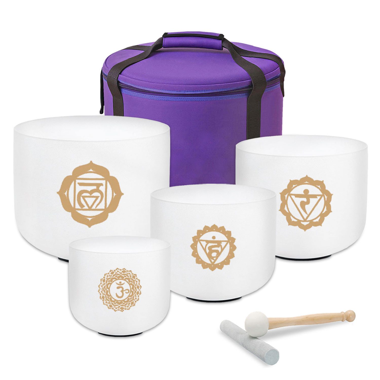 keepdrum Klangschalen keepdrum Klangschalen-Set OM Gold 4-Chakren Set mit Zubehör,Klangschalen, 4-teiliges Quarz-Klangschalen Set