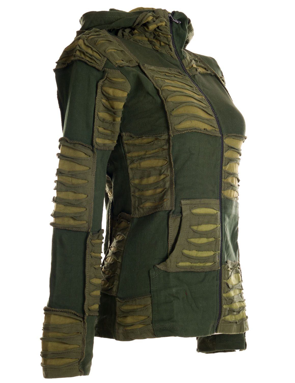 Vishes Kurzjacke Patchwork Jacke mit Cutwork und Zipfelkapuze Boho, Hippie, Elfen, Goa Style