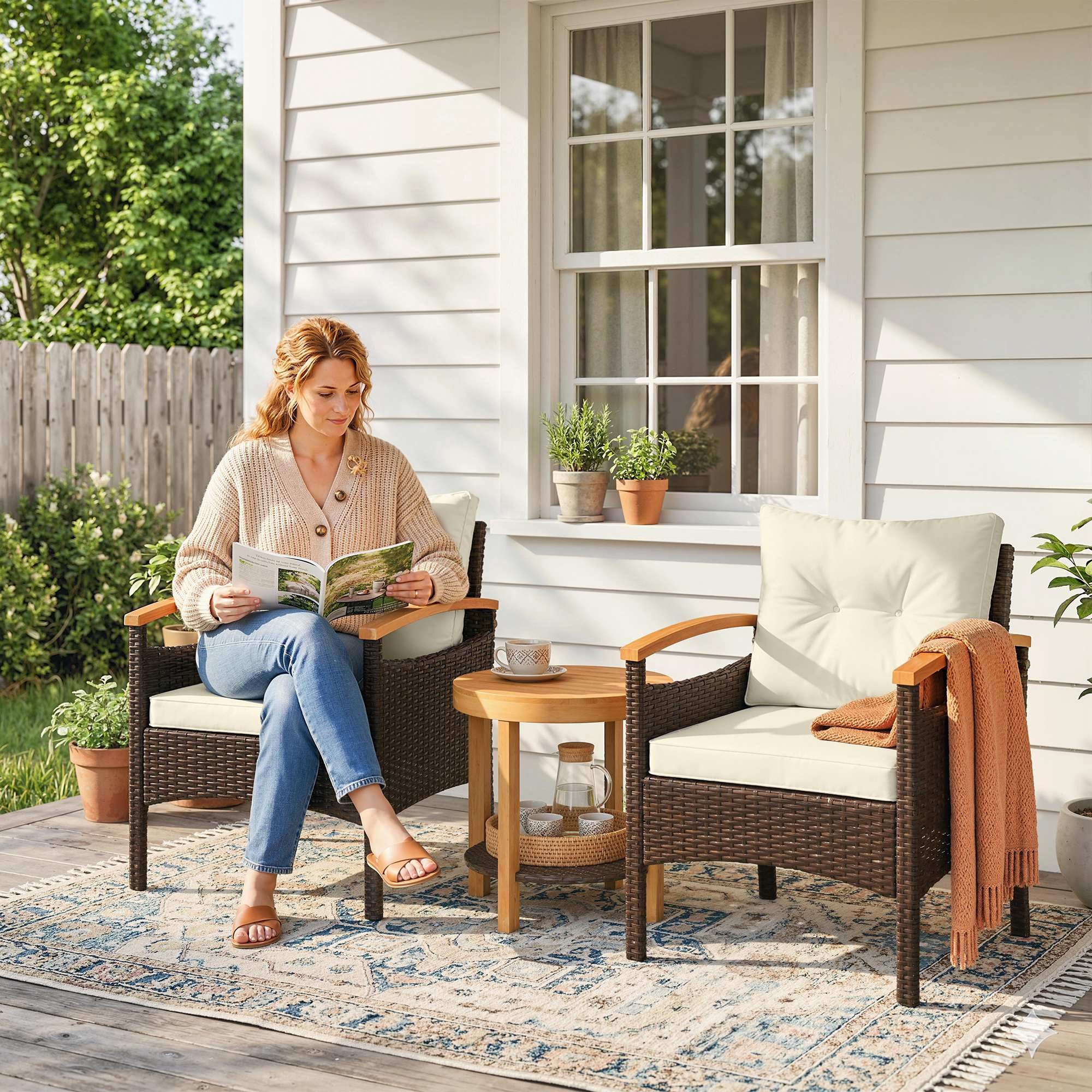 Outsunny Sitzgruppe FSC Akazienholz mit 2 Sessel, 2-Ebene Tisch & Armlehne, (Gartenmöbel-Set, 3-tlg., Rattan Bistroset), für Garten, Terrasse Cremeweiß