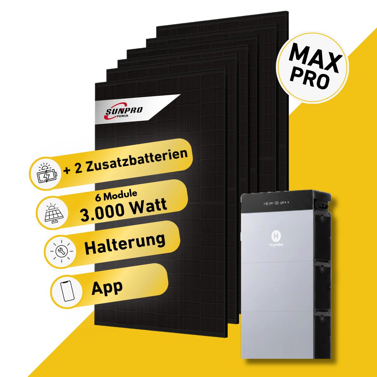 Balkonstrom Balkonkraftwerk MAX Pro 3000 Watt Solaranlage mit Speicher Komplettset Bifazial, 3000 W, Monokristallin, (6x Sunpro Solarmodul á 500 Watt, 1x Hoymiles HiBattery 4020 X, 1-3 Zusatzspeicher HB-4020-S), Halterung für Dach, Fassade, Balkon & Garten, App & Plug&Play DE