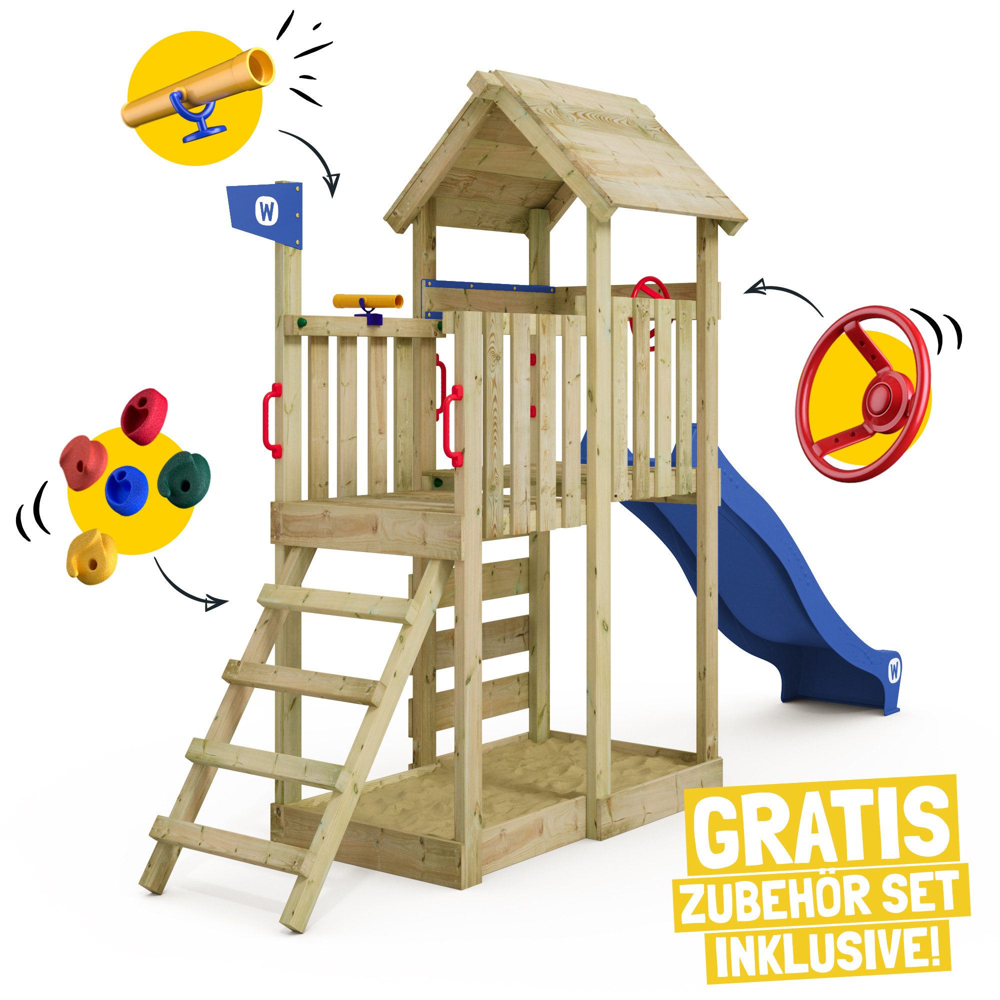 Wickey Spielturm JoyFlyer – Garten-Klettergerüst mit Wellenrutsche & Sandkasten, 10-Jahre Garantie*, Kletterwand mit Klettersteinen