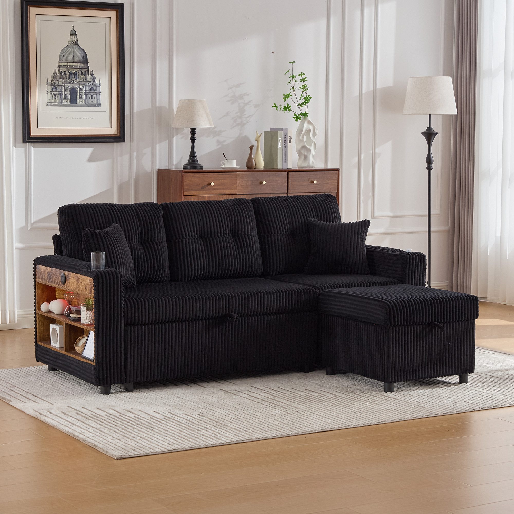 HAUSS SPOLE Sofa Mehrfunktionales Cord-Sofa Wohnzimmersofa Ecksofa mit Stauraum, mit Ausziehbett, Stauraum, USB-C-Anschluss und Ambientebeleuchtung – inkl. Getränkehalter & breiten Armlehnen, 196x82-144x85 cm