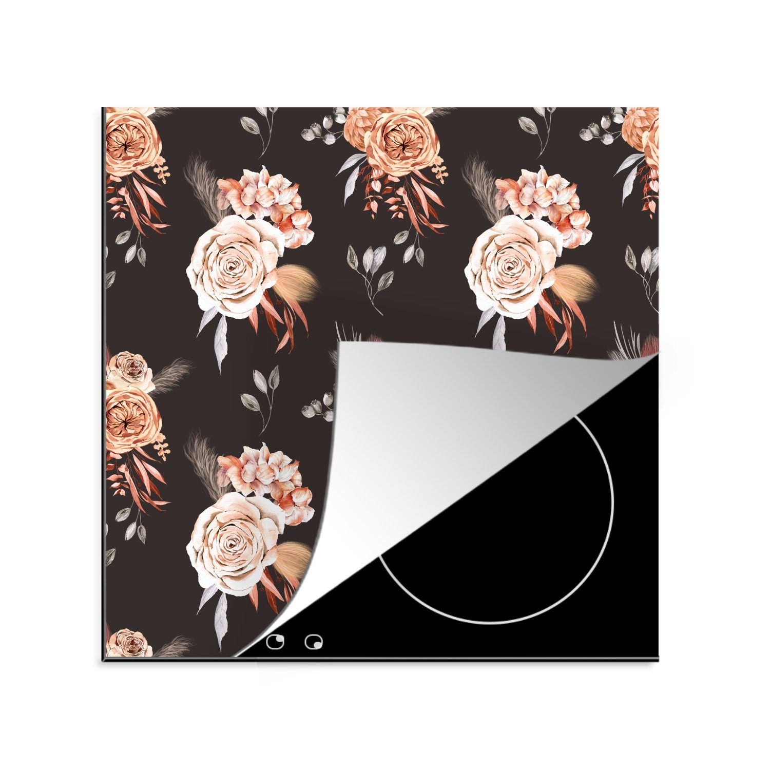 MuchoWow Herdblende-/Abdeckplatte Blumen - cm, tlg), - Ceranfeldabdeckung, küche Vinyl, Bohème für Schwarz, (1 78x78 Dekoration Arbeitsplatte