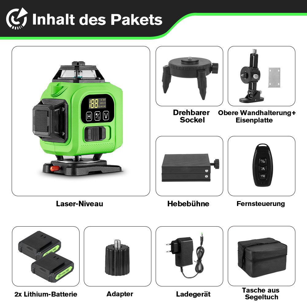 HGLINE Laserwasserwaage 4x360° Linienlaser Grün Selbstnivellierend, 4D 16-Linien, mit 2 Akkus & Fernbedienung, für Innenbereich und Baustelle