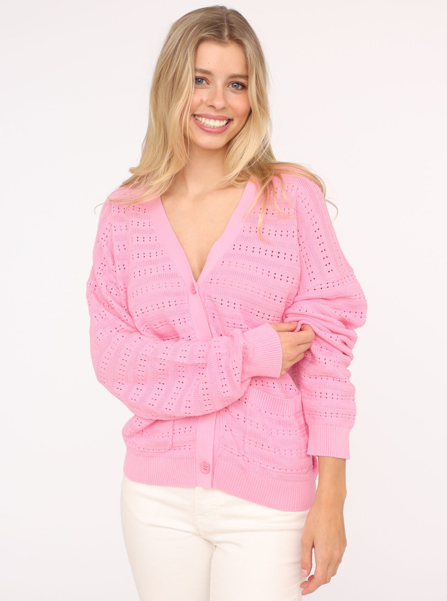 Zwillingsherz Strickjacke Lochstrick-Muster, Langarm, Knöpfe, V-Ausschnitt, günstig online kaufen