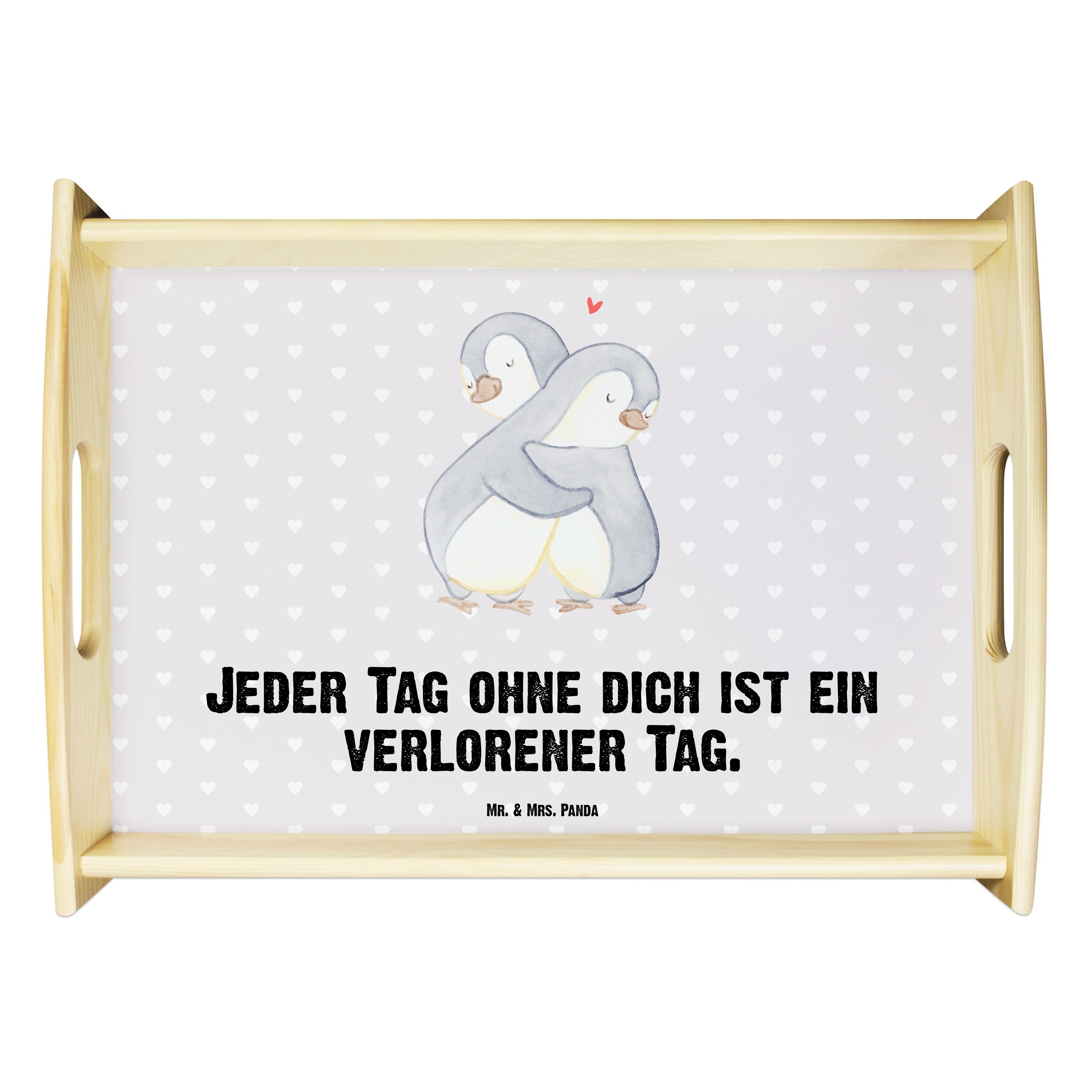 Pinguine & Echtholz Tablett Grau für Pastell Kuscheln Panda Freundin, H, - lasiert, - Geschenk, Geschenk Mrs. Mr. (1-tlg)