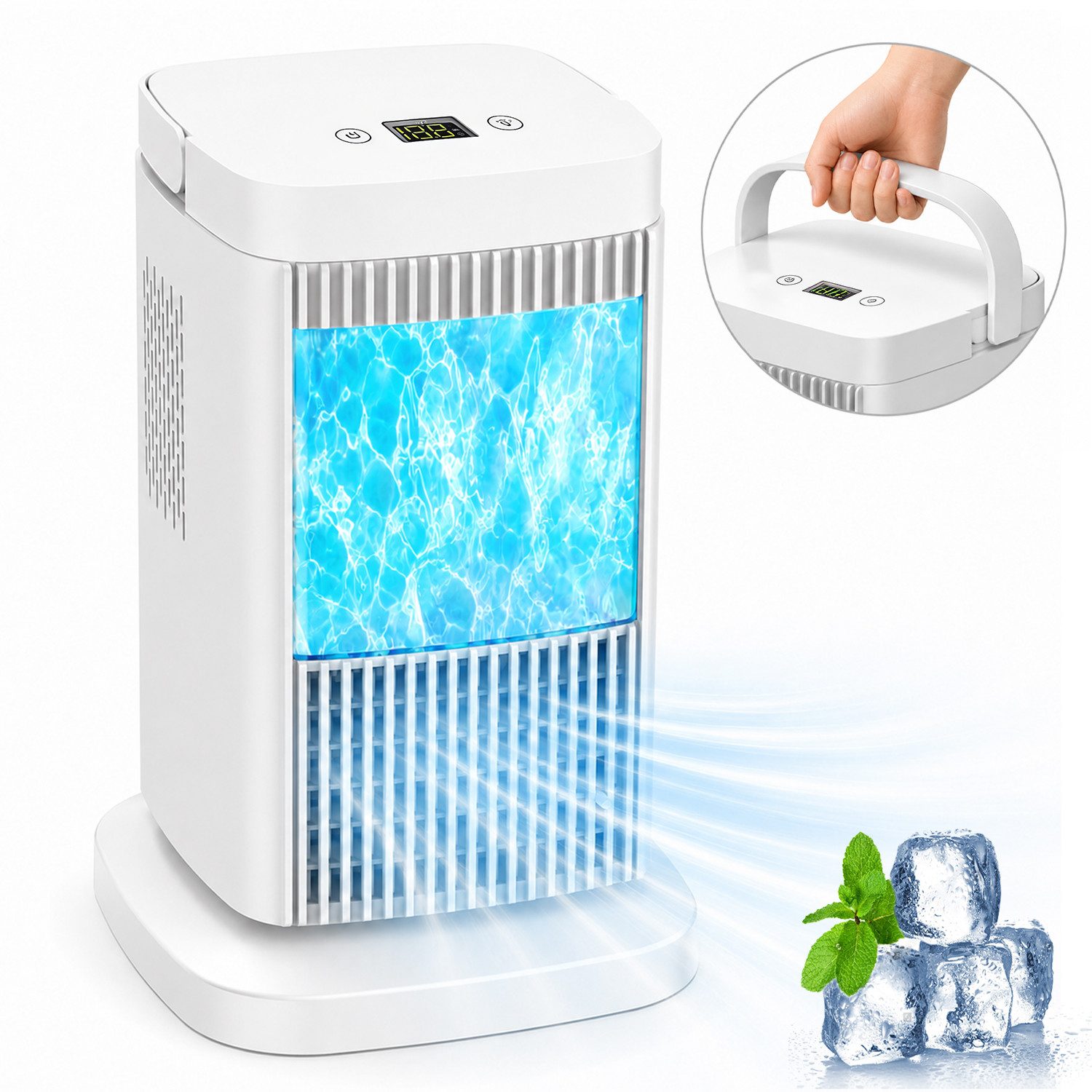 MOPUEA Ventilatorkombigerät Akku Luftkühler 4in1 Halbleiter ohne Wasser USB C tragbar, Ohne Wasser, Halbleiterkühlung, 3 Stufen, leise