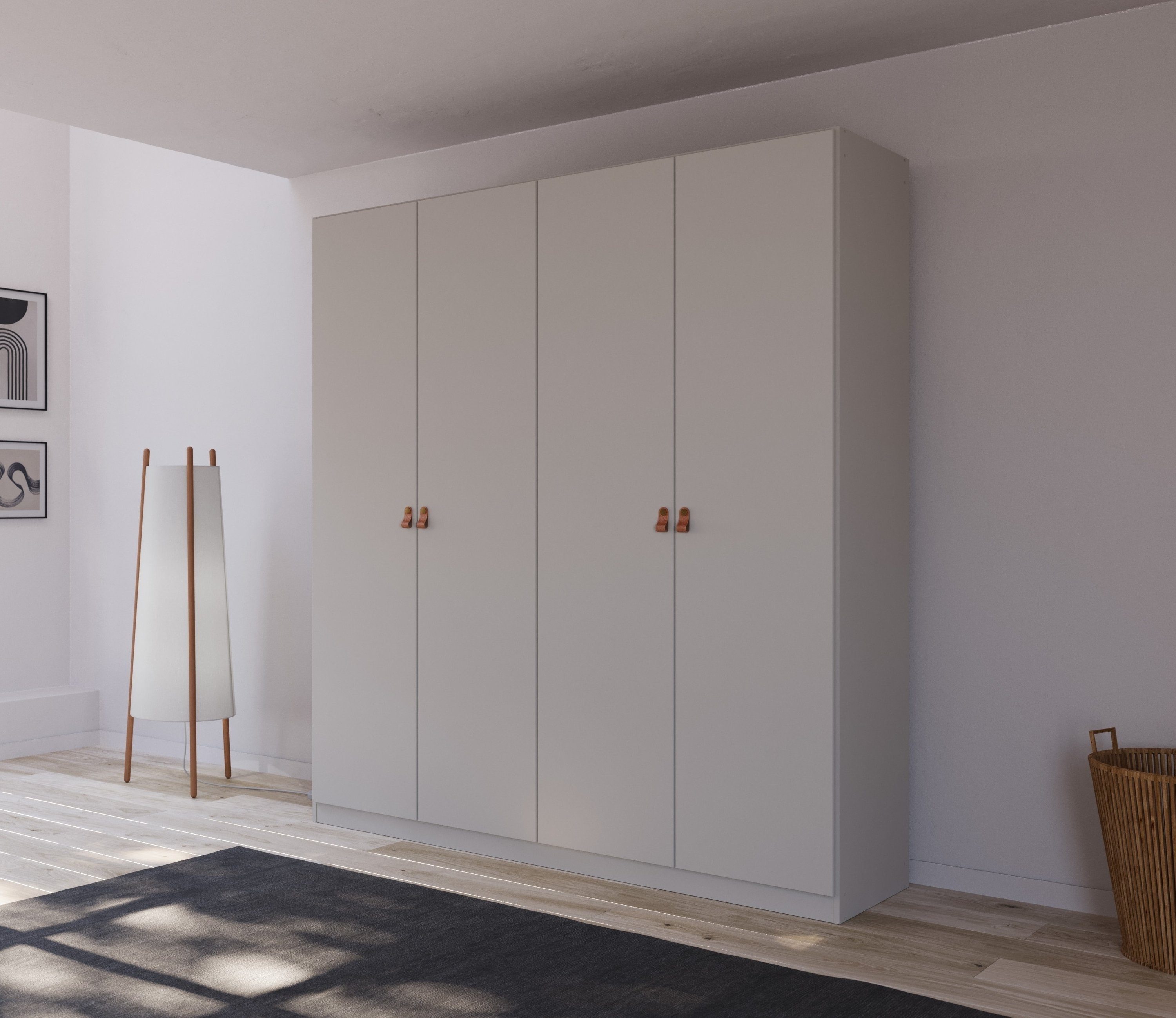rauch Drehtürenschrank Kleiderschrank Schrank Garderobe Ankleide HOMEY BY QUADRA SPIN (Breiten: 181/226/271 cm, Höhe 210 cm) mit Grifflaschen aus weichem, cognacbraunem Leder